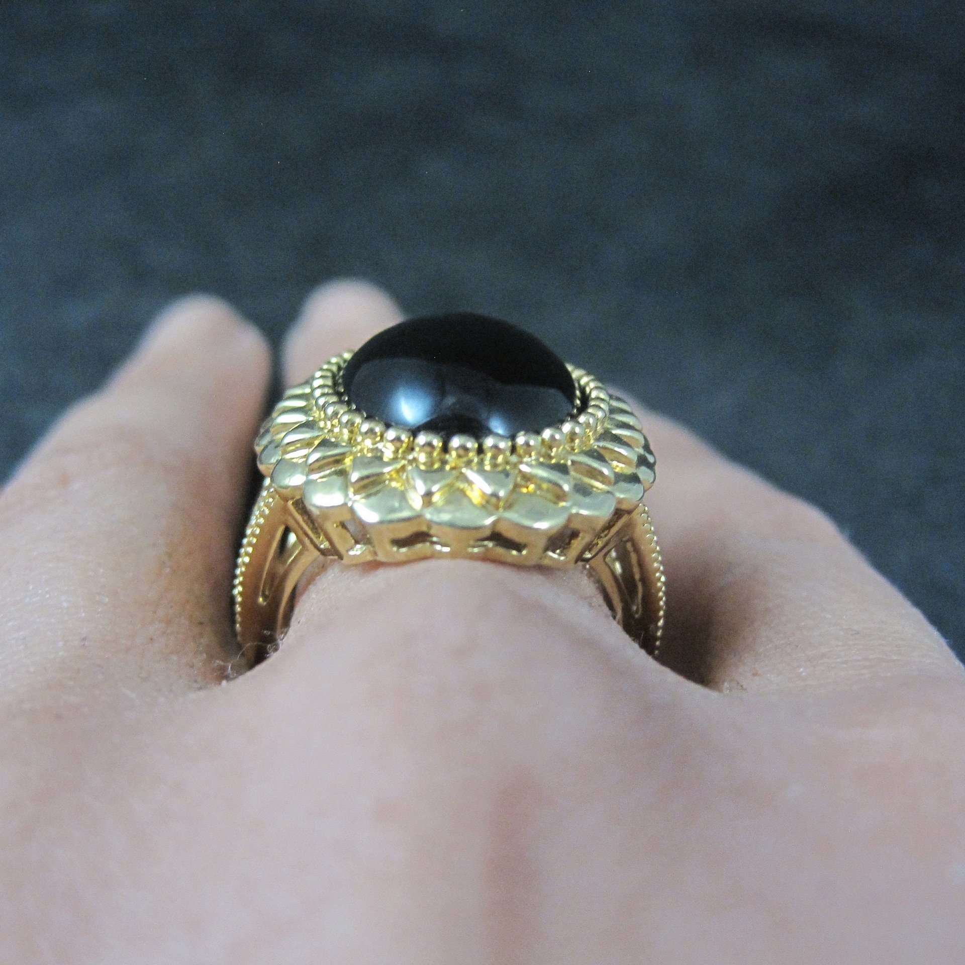 Ornate Vermeil Sterling Onyx Ring Size 8