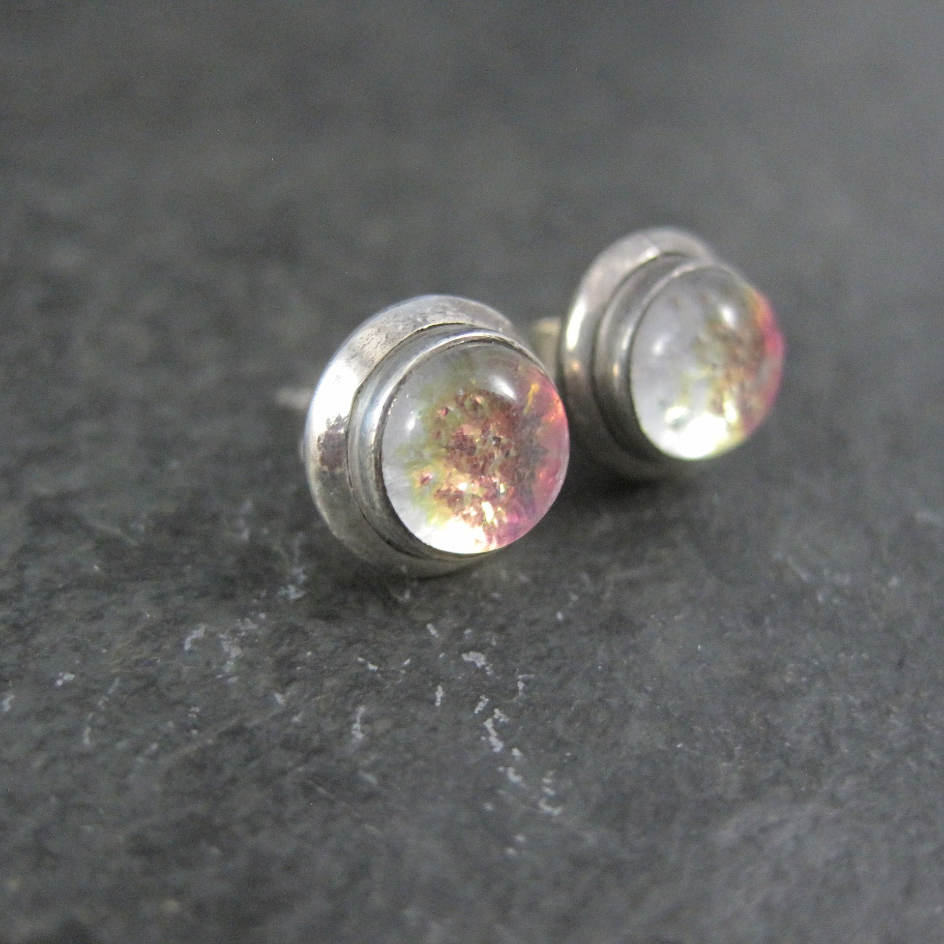 Vintage Sterling Pink Dichroic Glass Stud Earrings