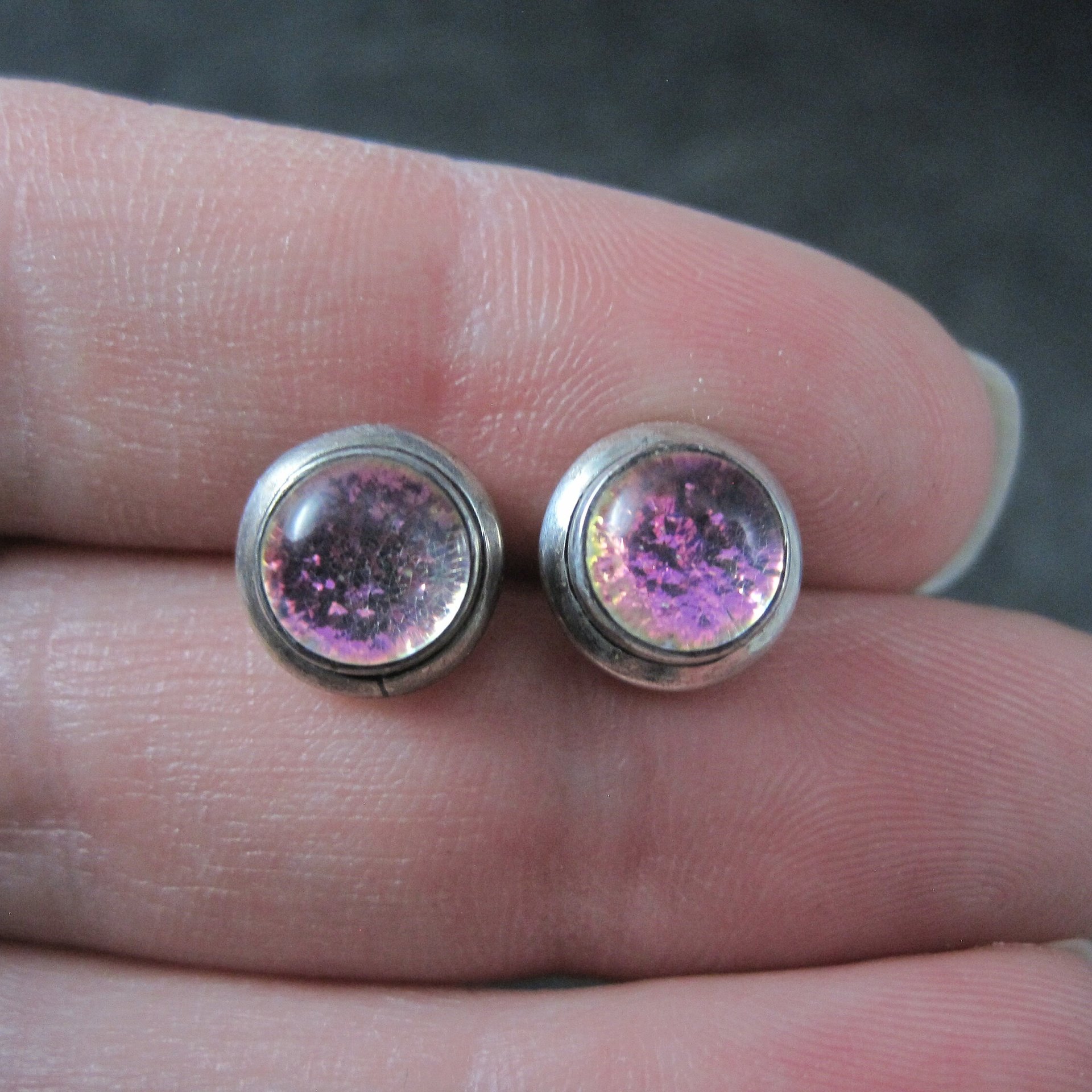 Vintage Sterling Pink Dichroic Glass Stud Earrings