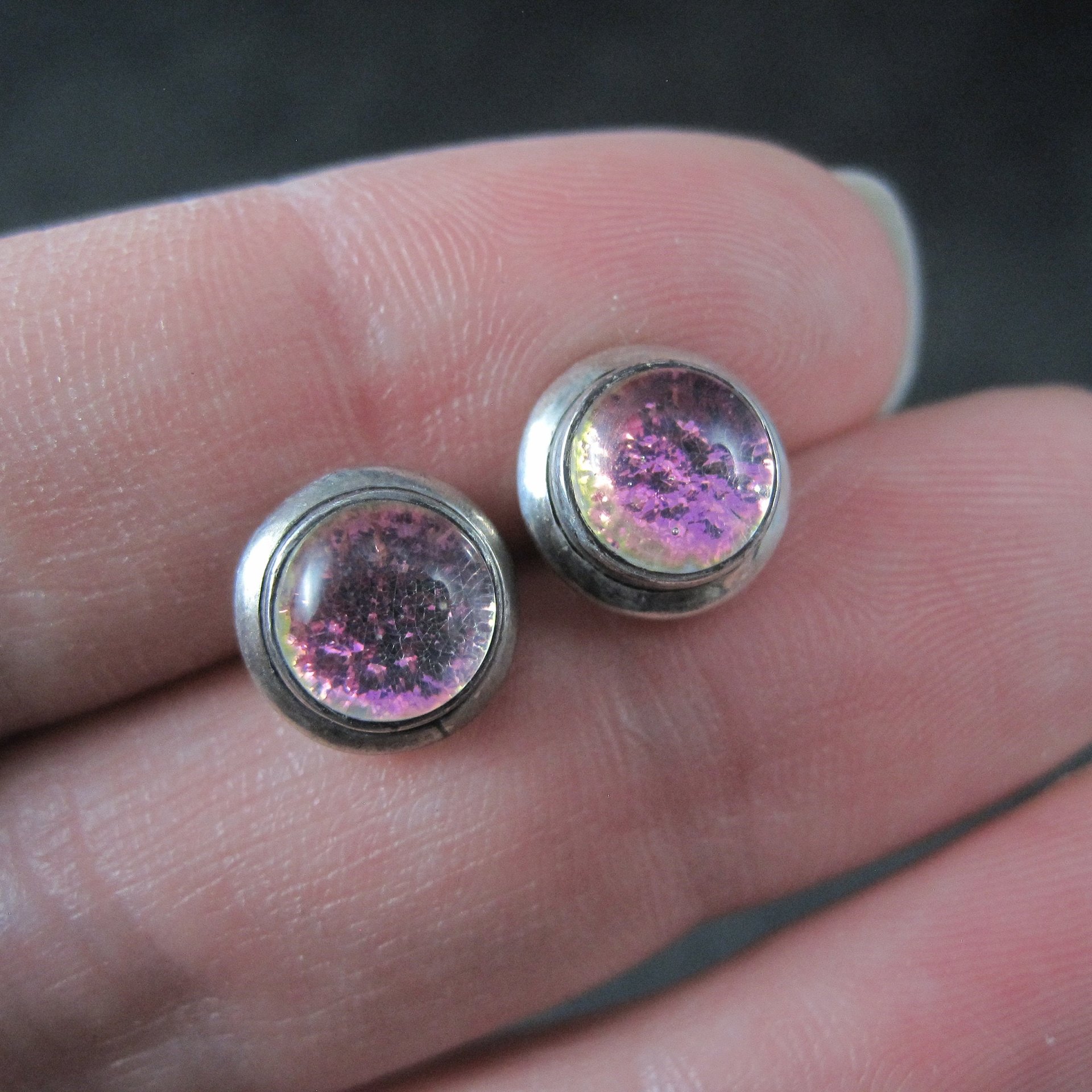 Vintage Sterling Pink Dichroic Glass Stud Earrings
