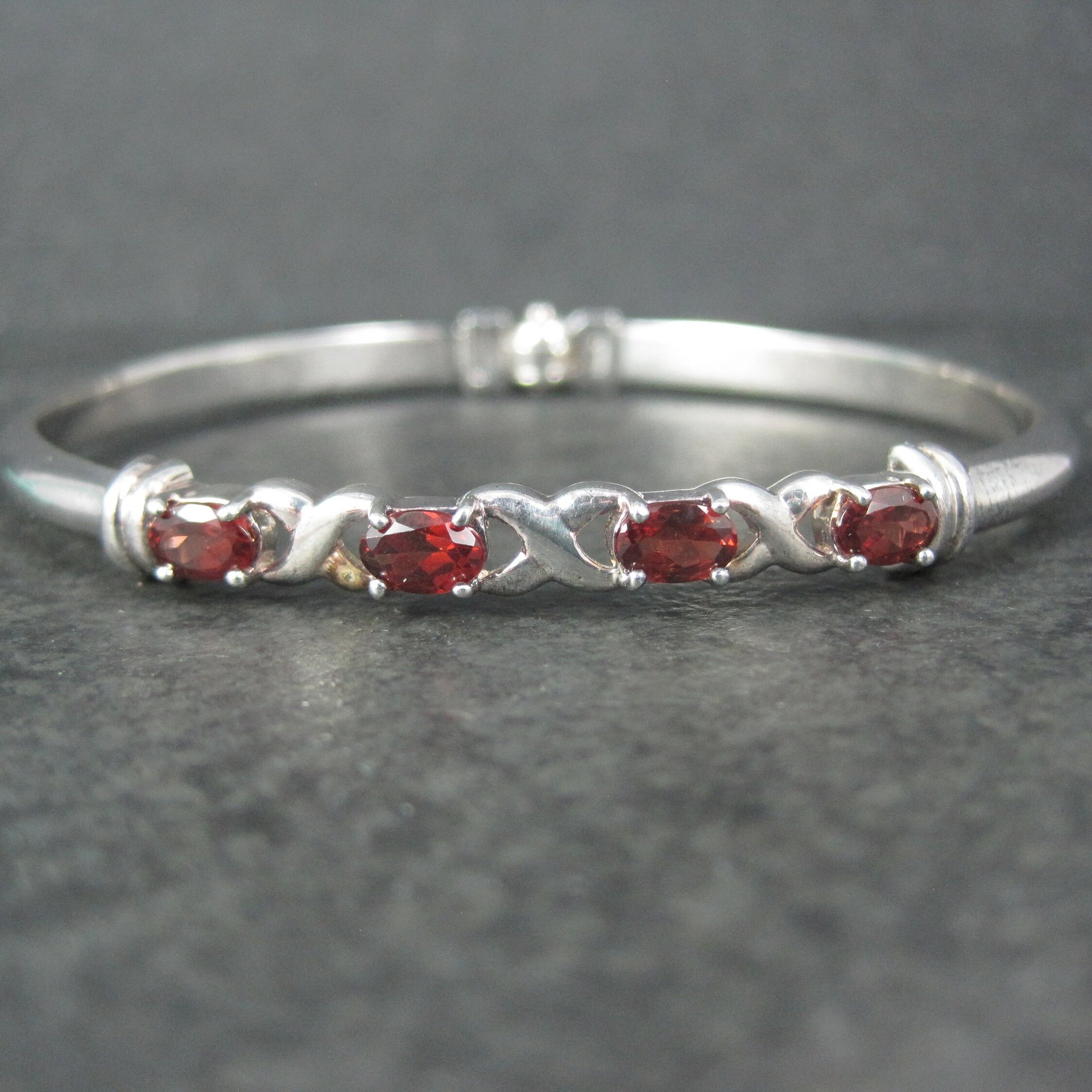Vintage Sterling XO Garnet Bangle Bracelet 7.5 Inches