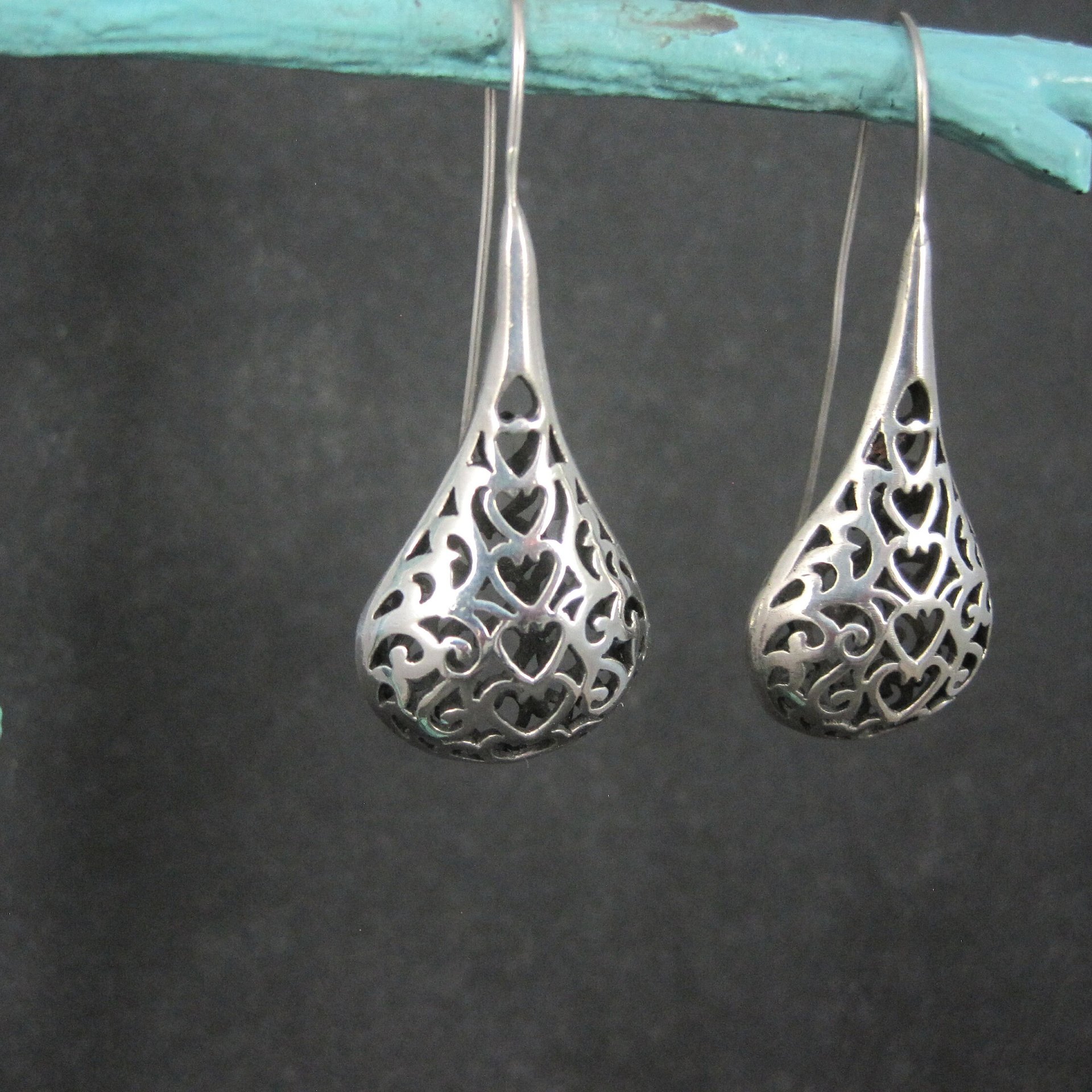 Large Sterling Filigree Heart Drop Earrings