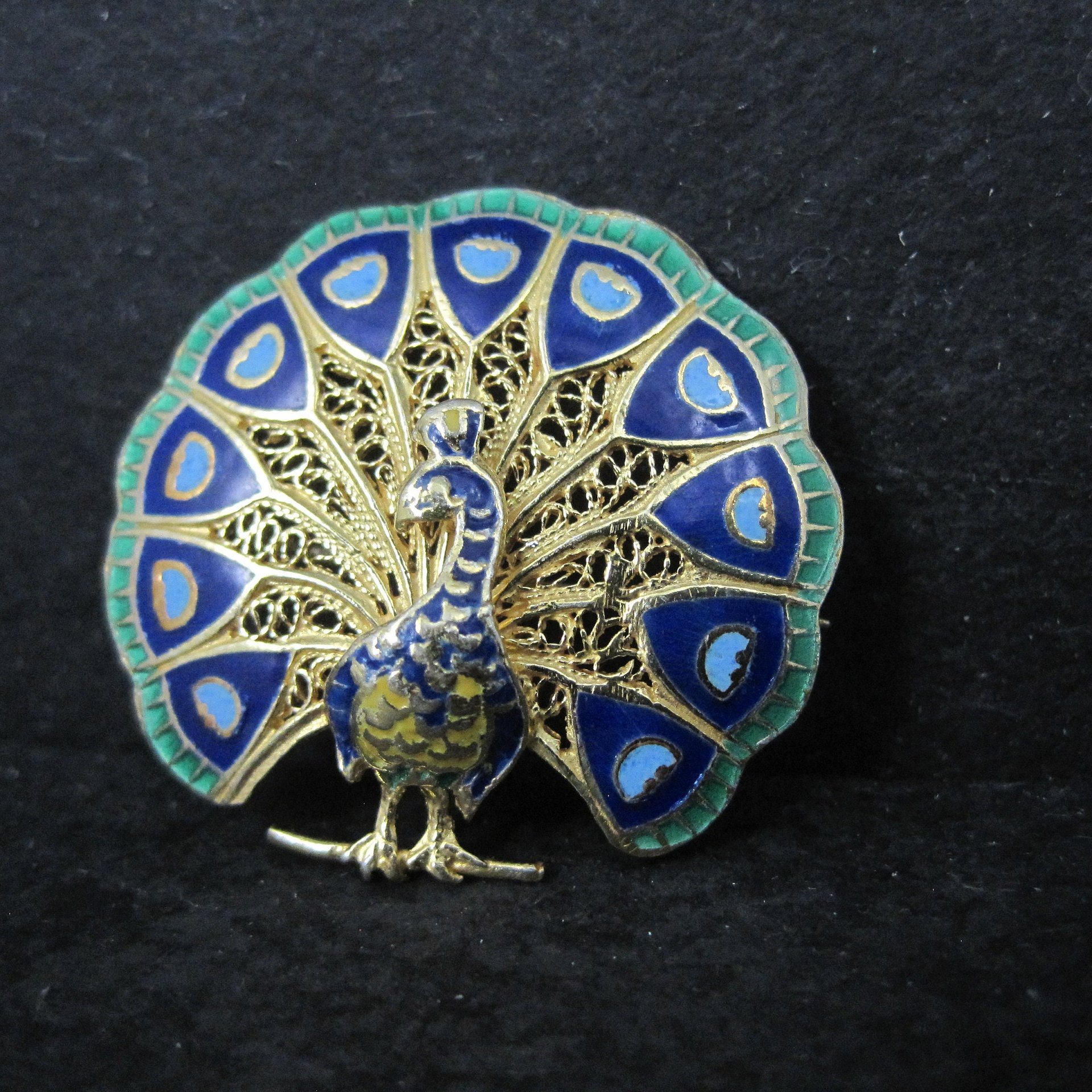 Vintage Gold Gilt Silver Enamel Peacock Brooch NOS
