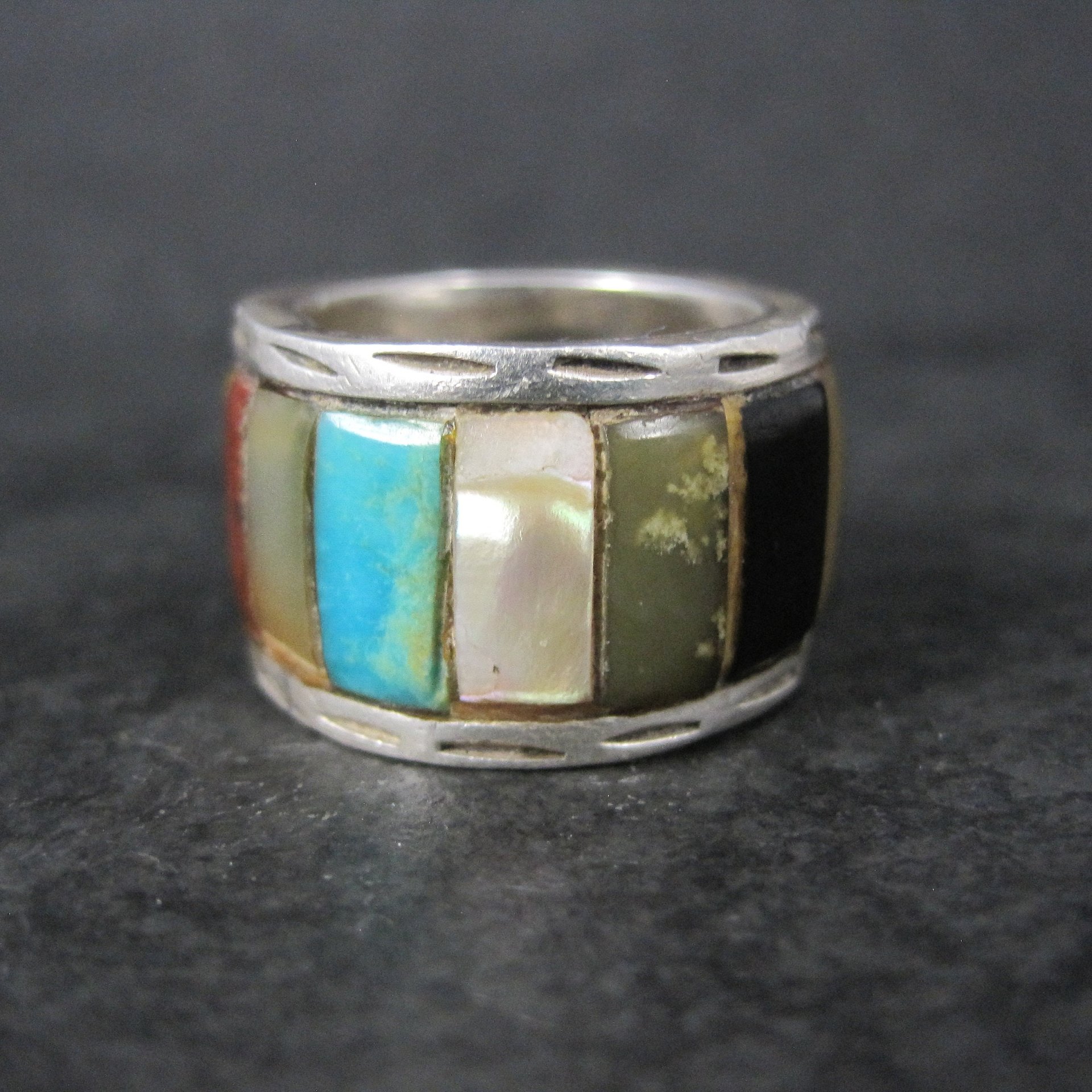 Vintage Sterling Inlay Ring Size 7 Navajo Edison Cummings