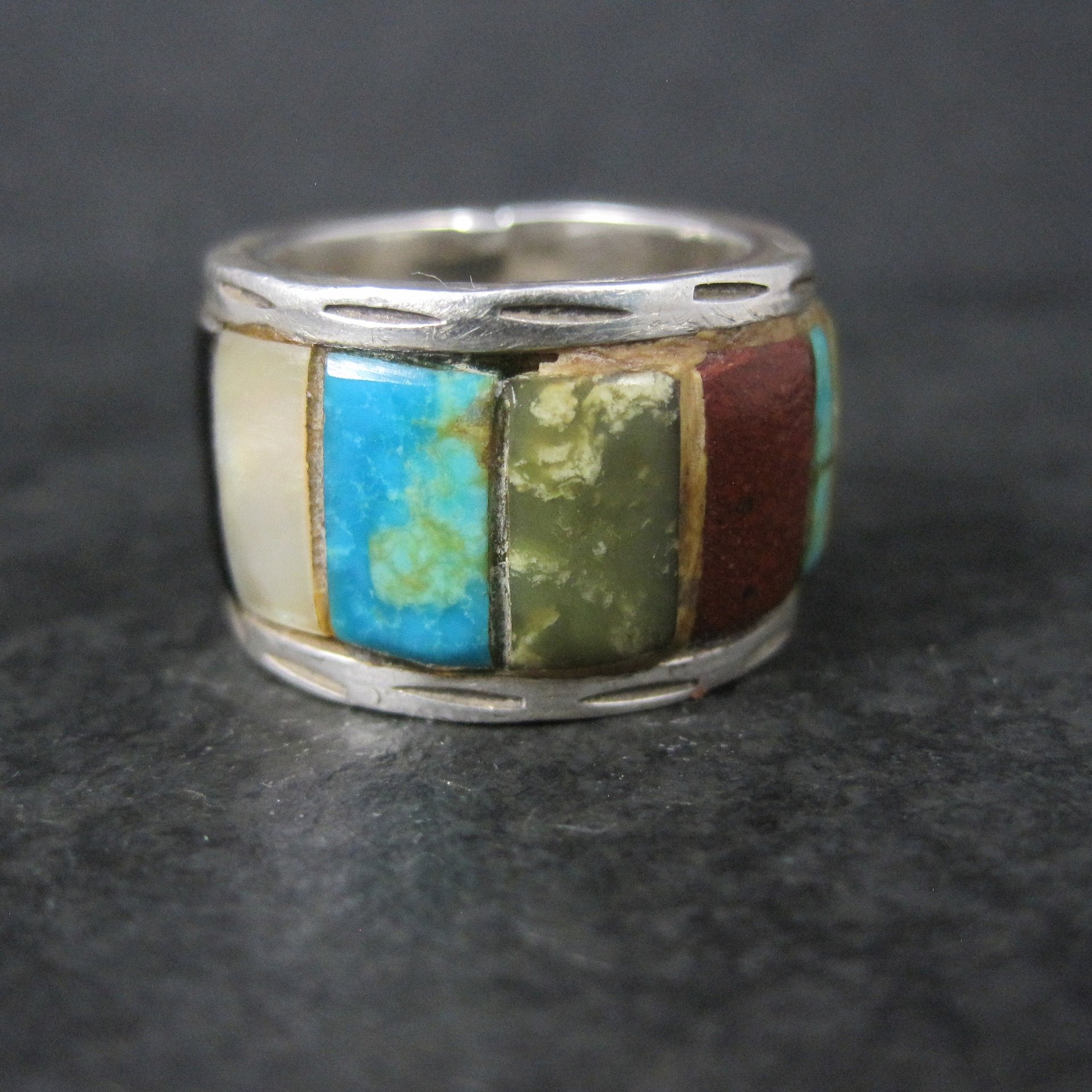 Vintage Sterling Inlay Ring Size 7 Navajo Edison Cummings