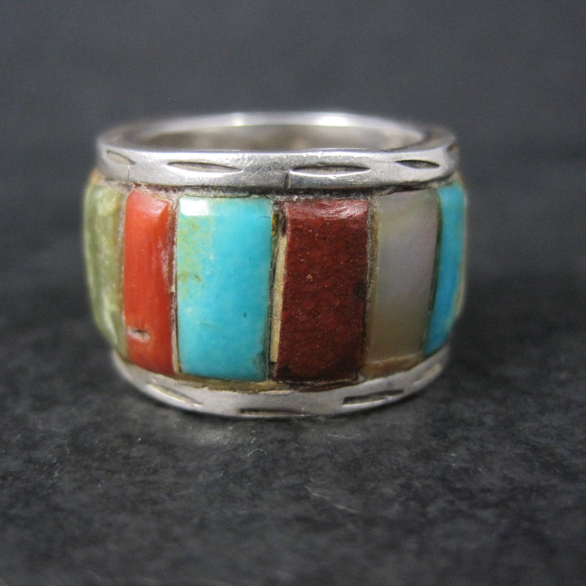 Vintage Sterling Inlay Ring Size 7 Navajo Edison Cummings