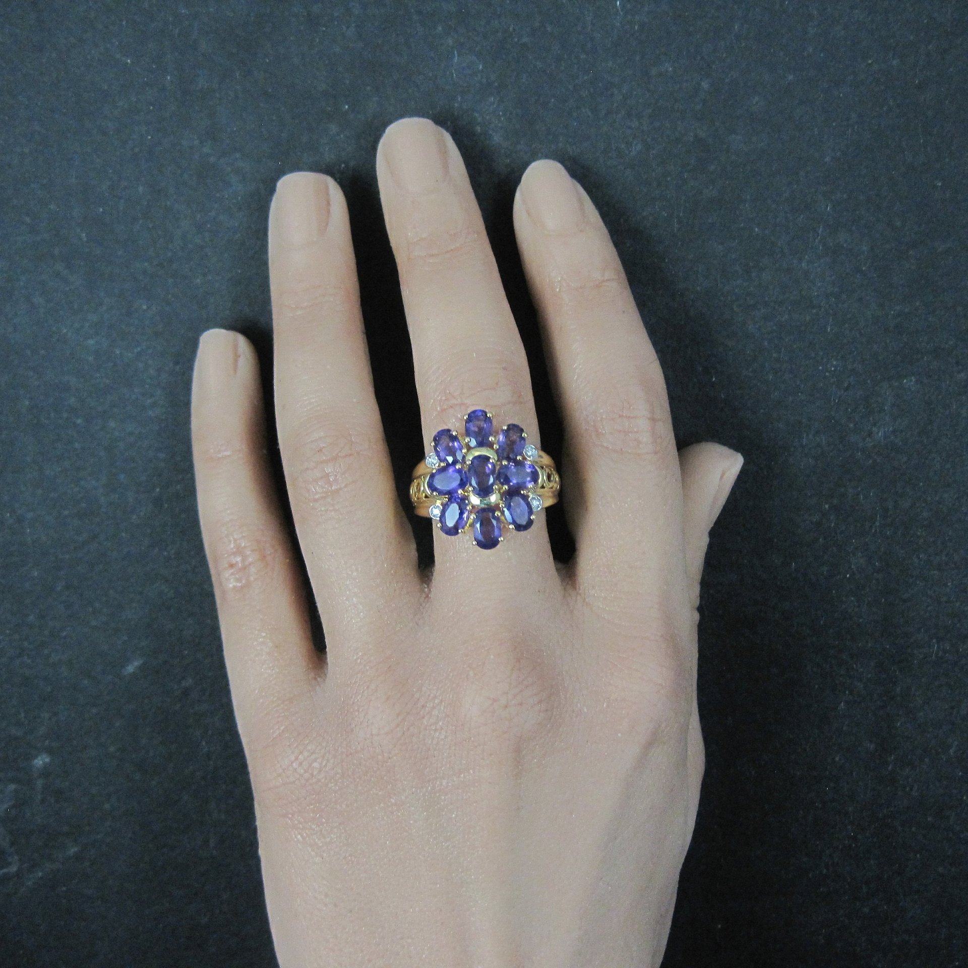 Vermeil Sterling Amethyst Cluster Ring Size 8