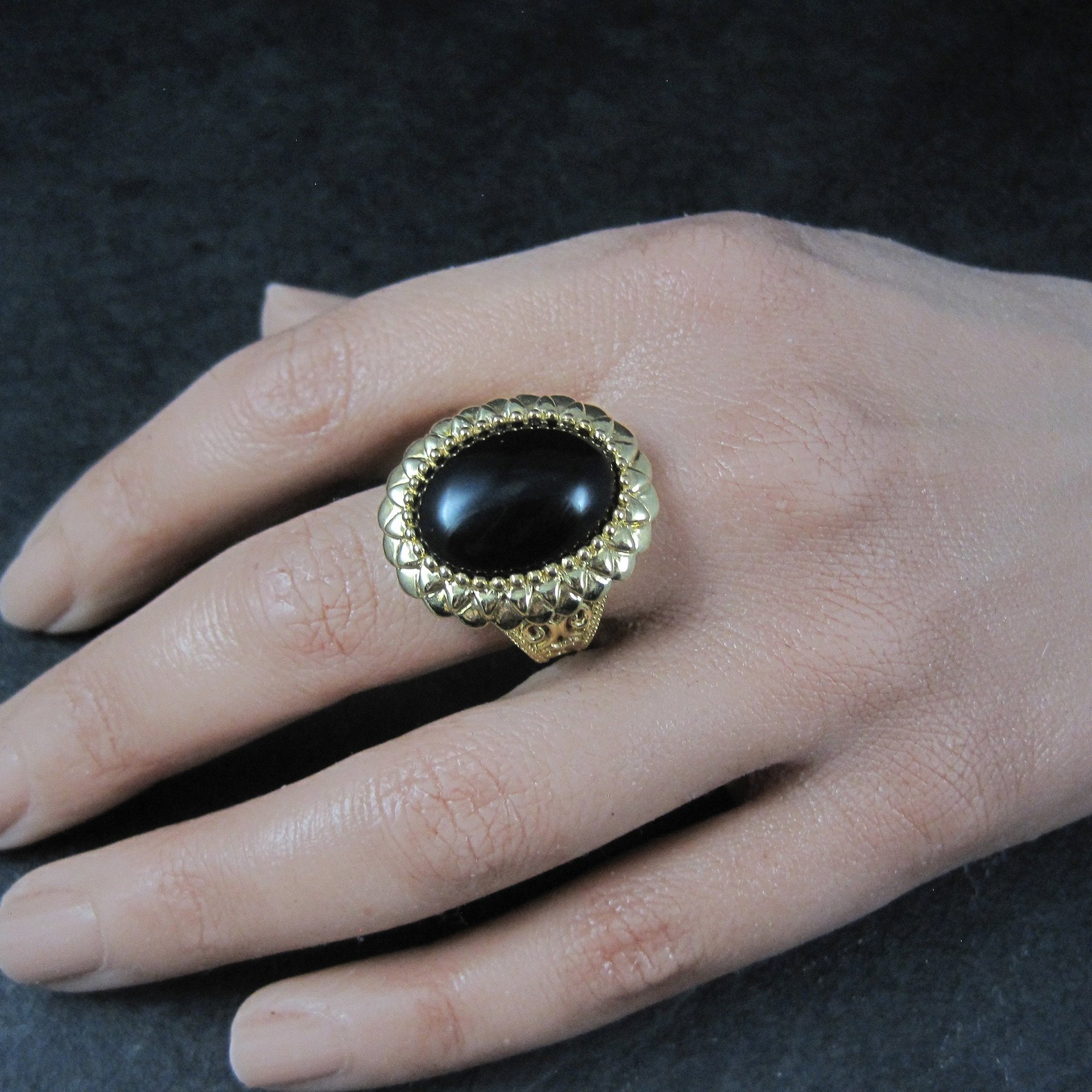 Ornate Vermeil Sterling Onyx Ring Size 8
