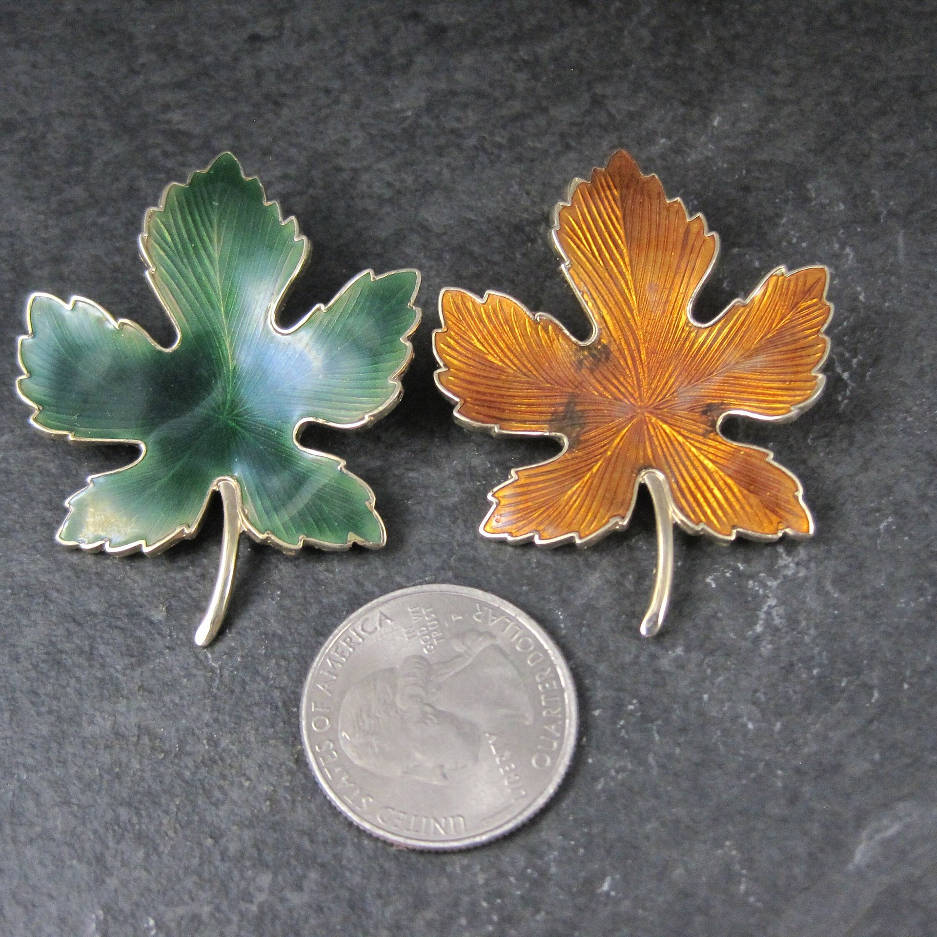 Lot of 2 Vintage Enamel Leaf Brooches