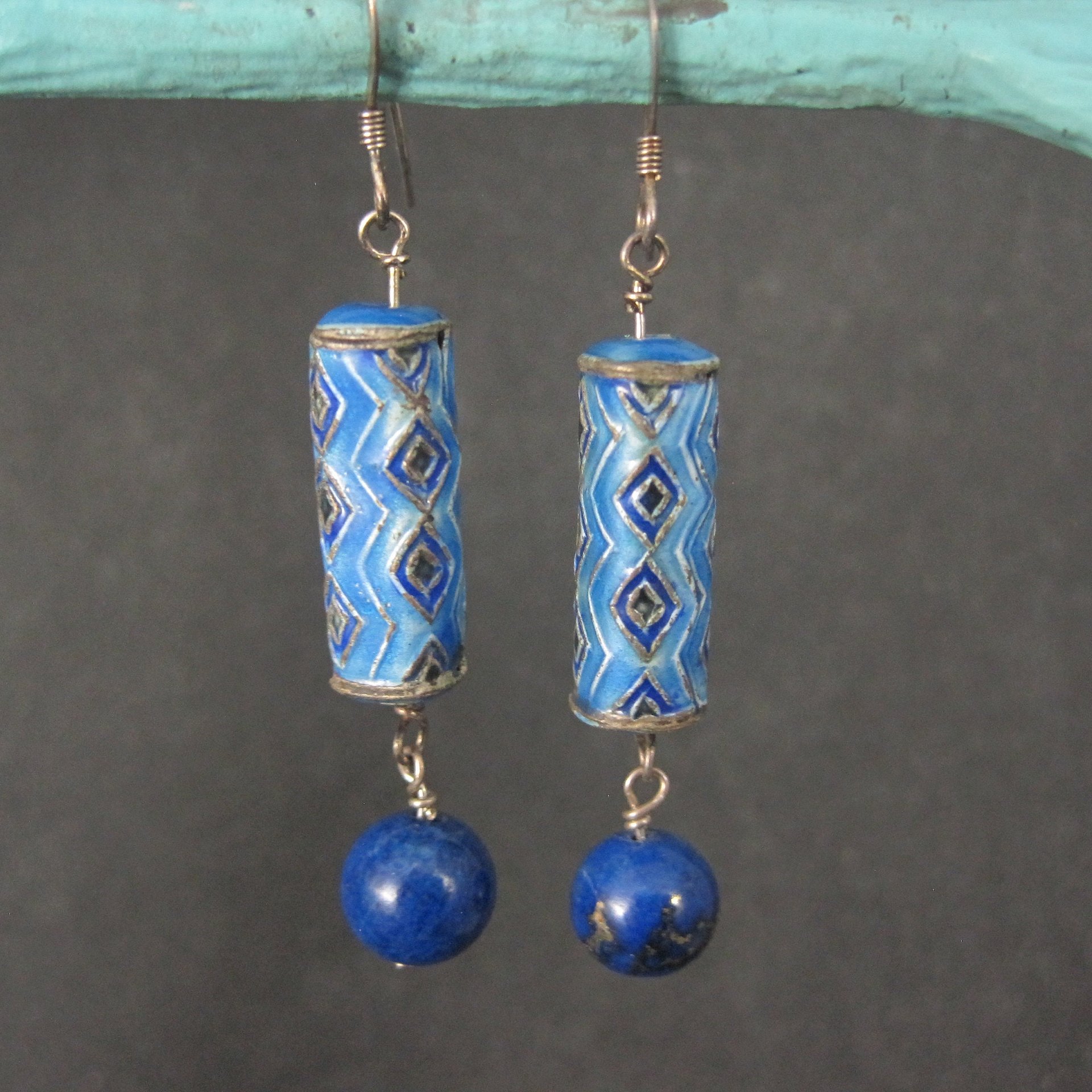 Vintage Sterling Blue Enamel Lapis Earrings