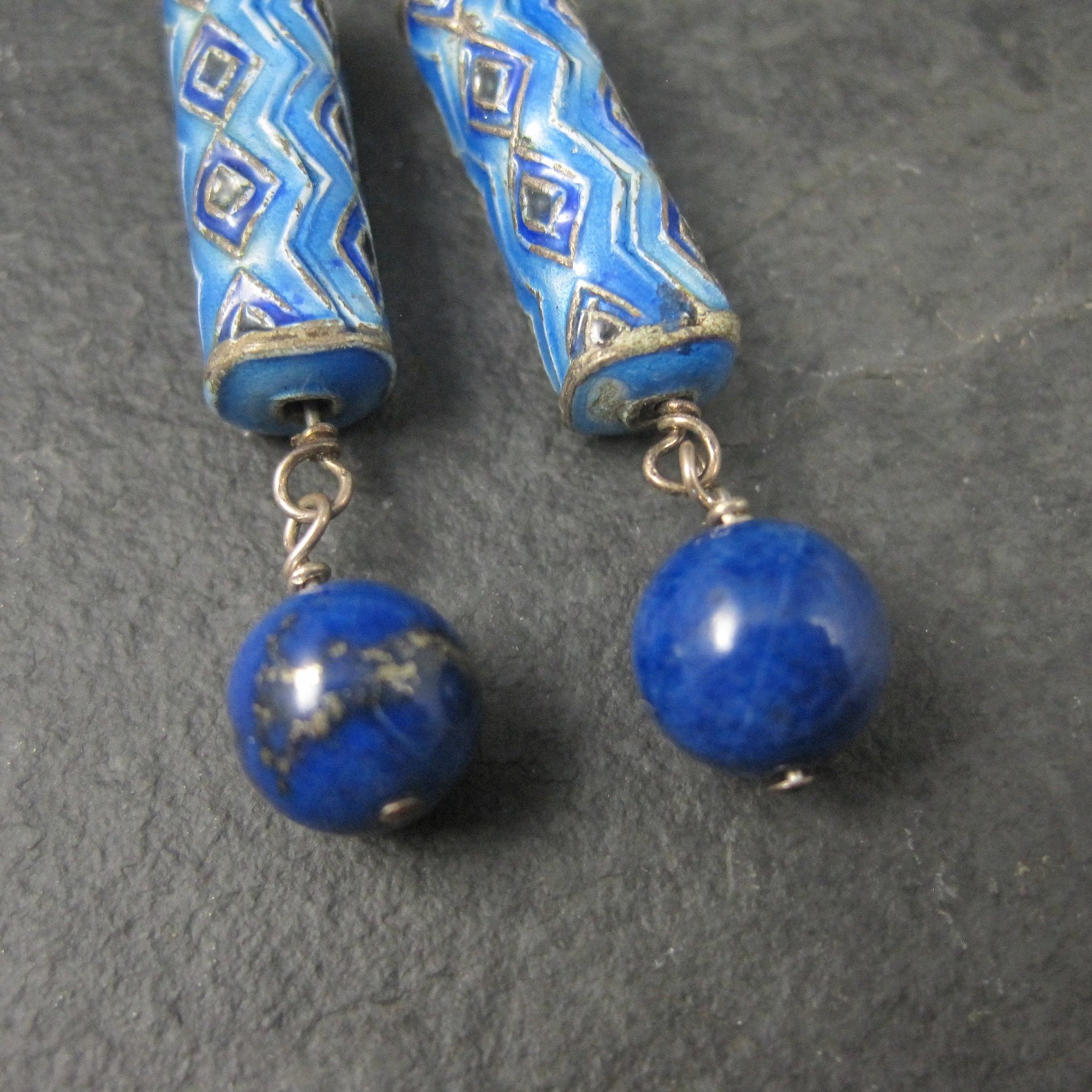 Vintage Sterling Blue Enamel Lapis Earrings