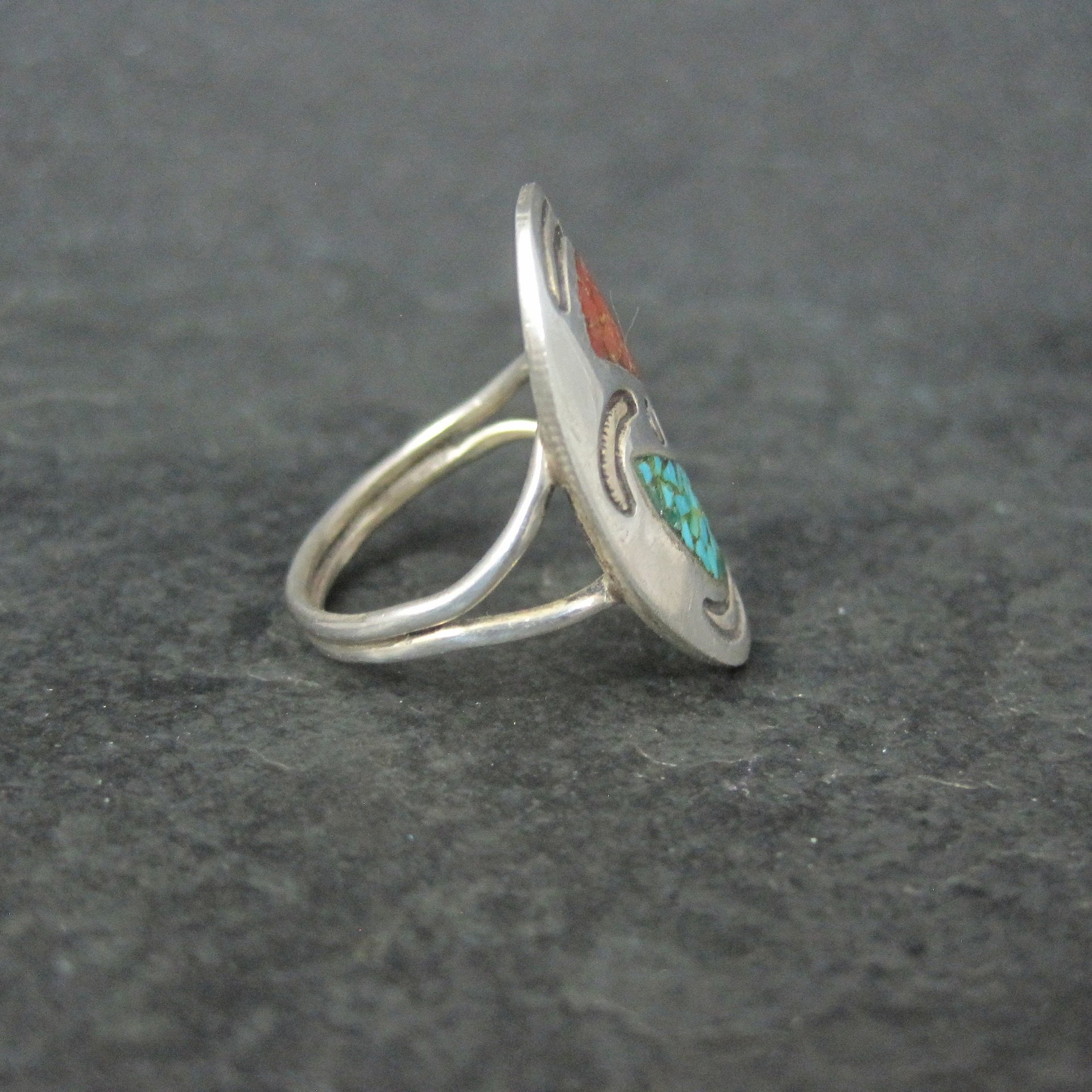 Southwestern Sterling Crushed Turquoise Coral Ring Size 7.5