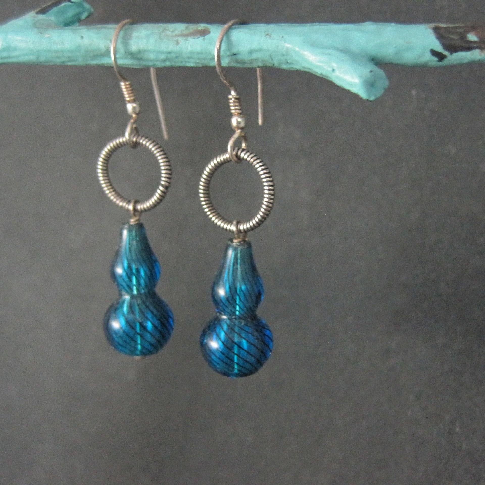 Vintage Sterling Blue Art Glass Earrings