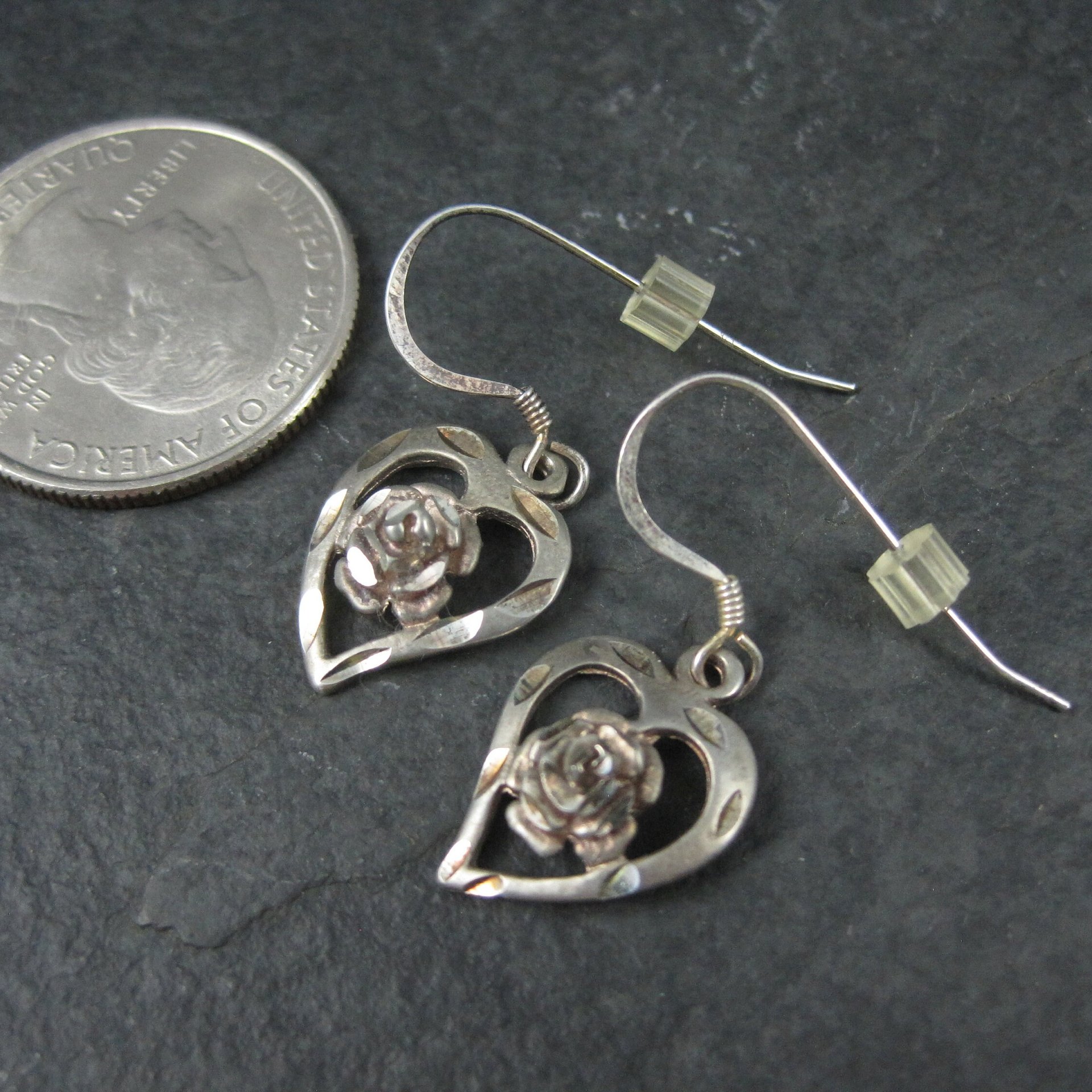Vintage Sterling Heart Rose Earrings