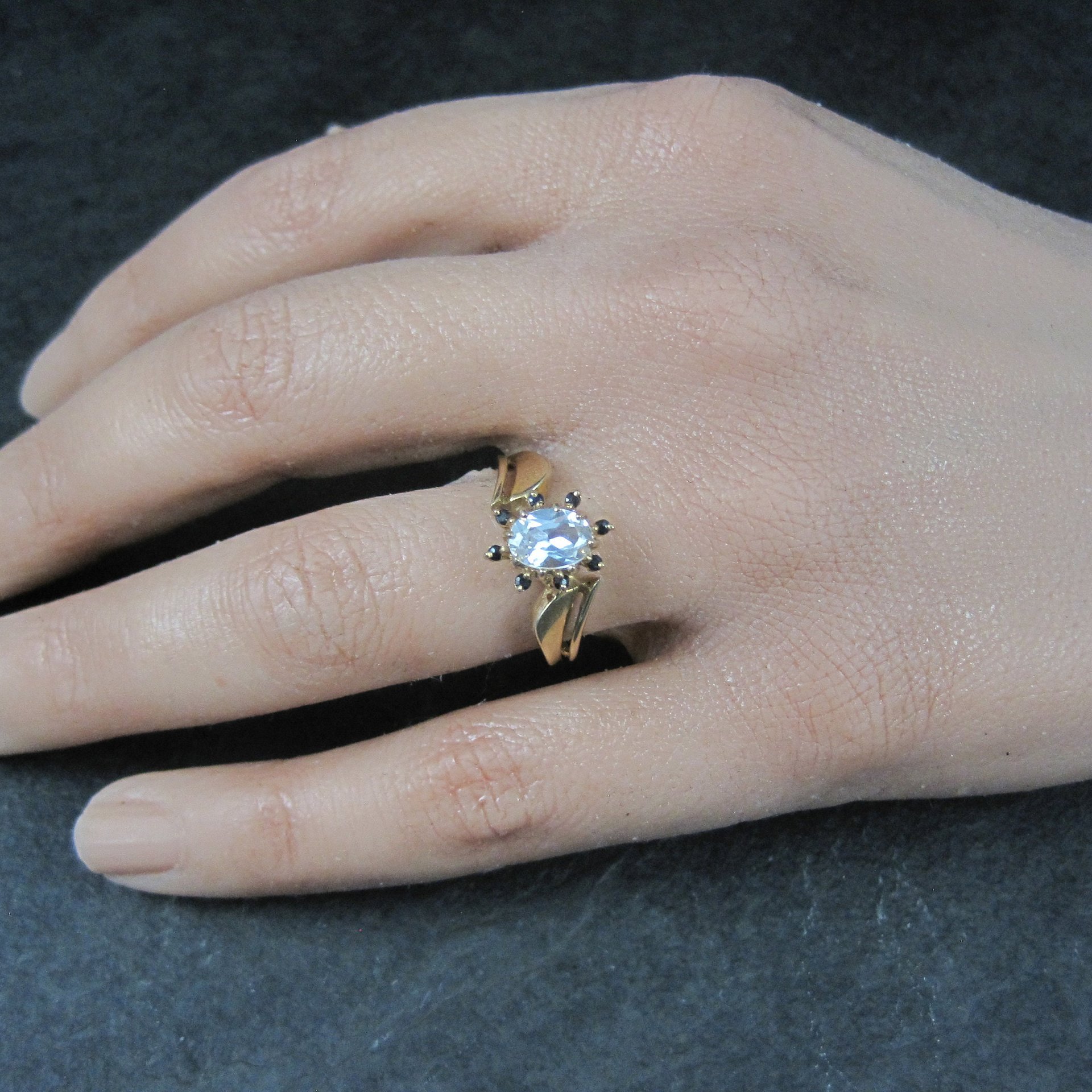 Estate 14K White Sapphire Black Spinel Ring Size 7