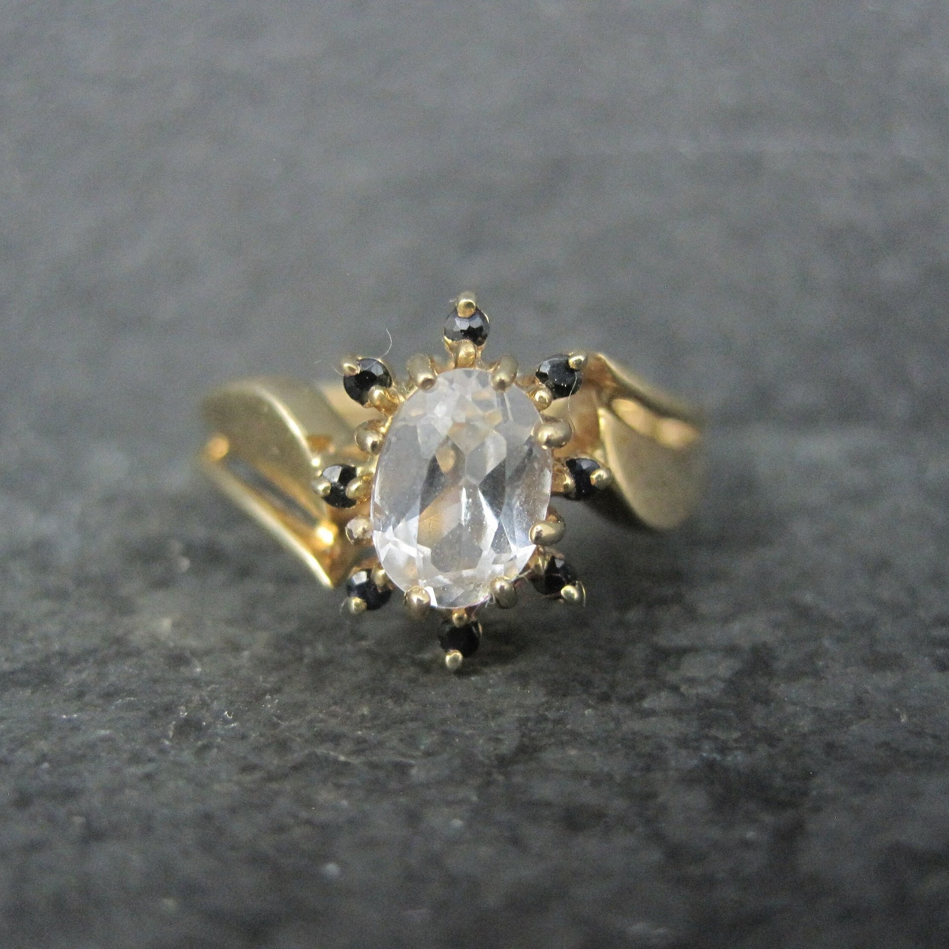 Estate 14K White Sapphire Black Spinel Ring Size 7