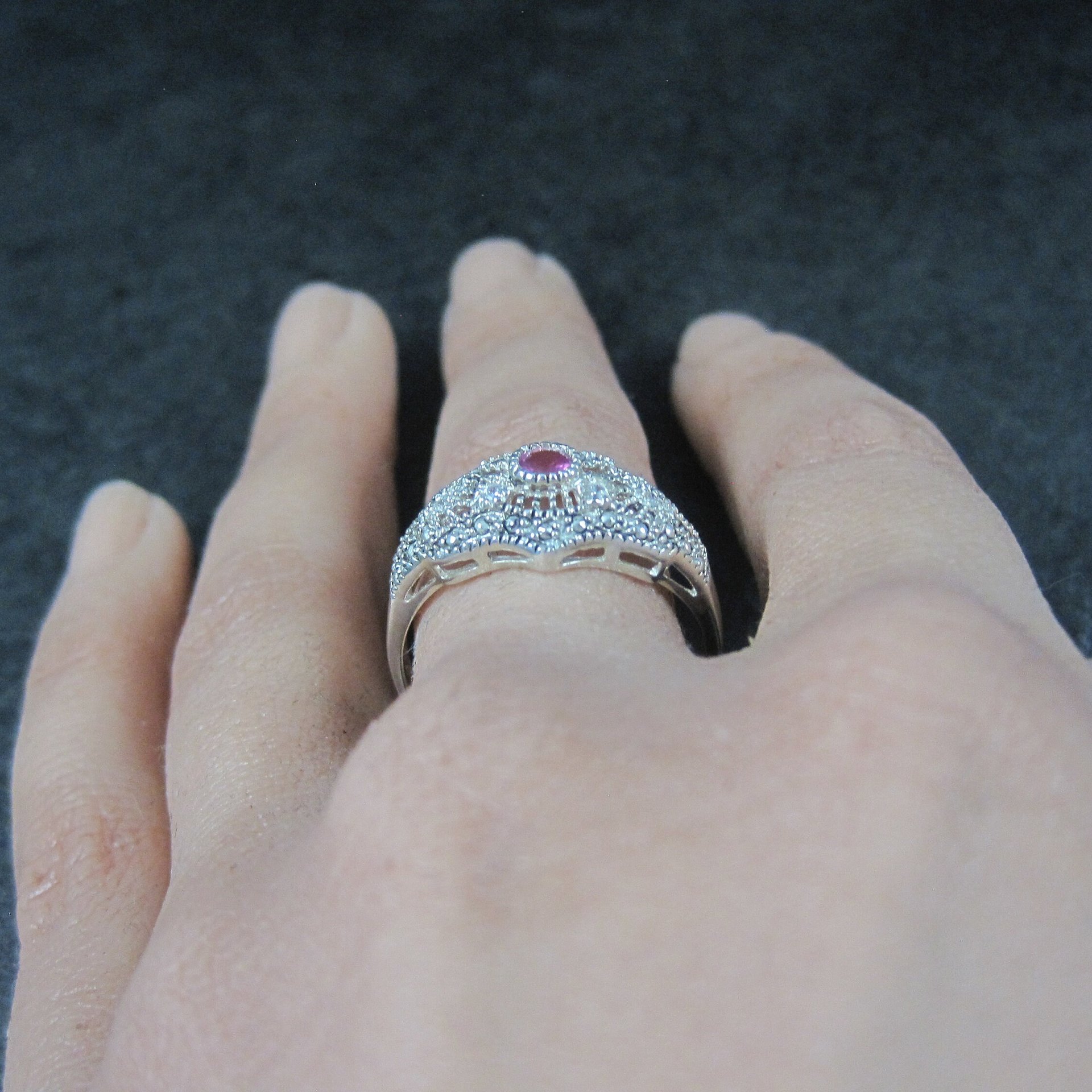 Vintage Sterling Filigree Ruby Ring Size 10