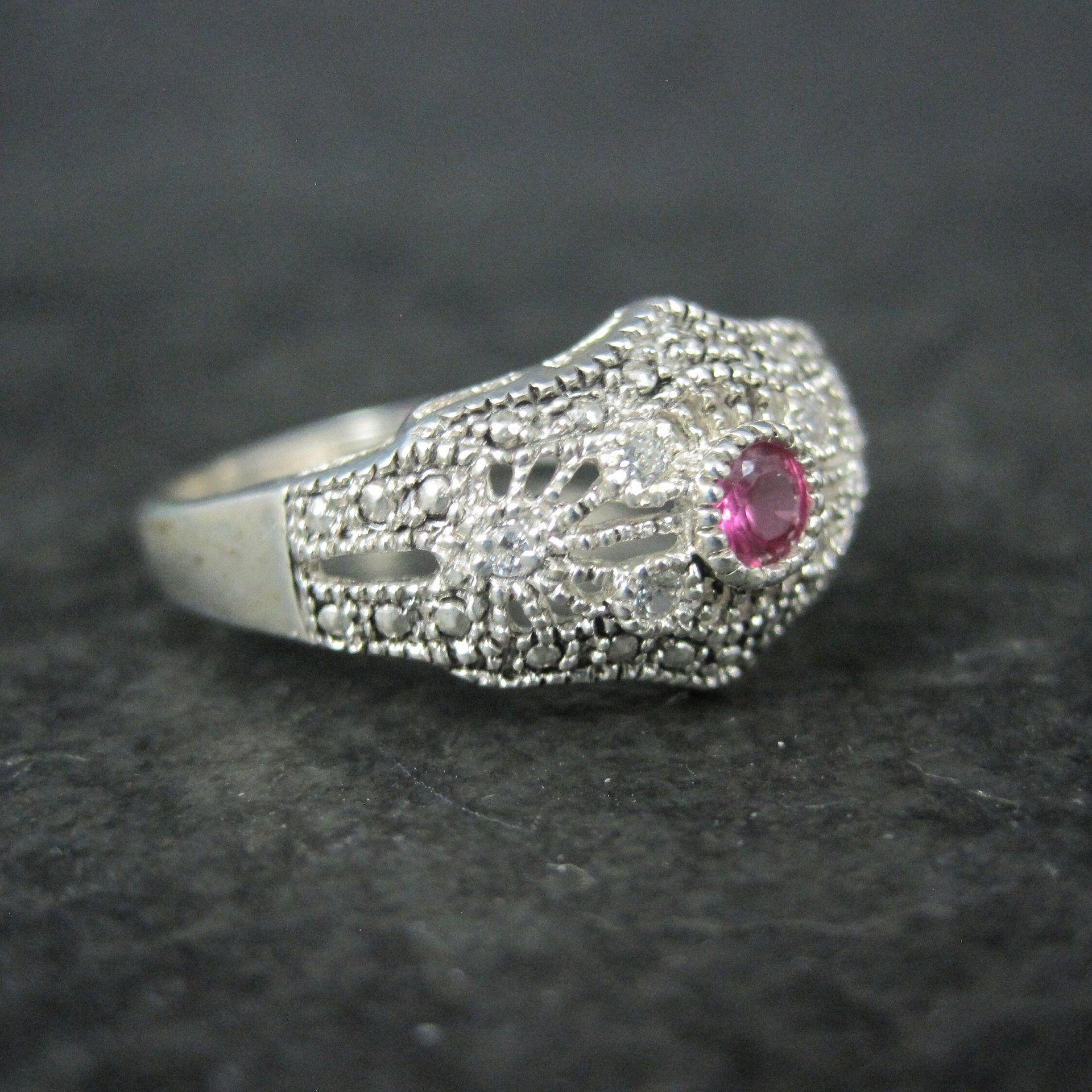 Vintage Sterling Filigree Ruby Ring Size 10