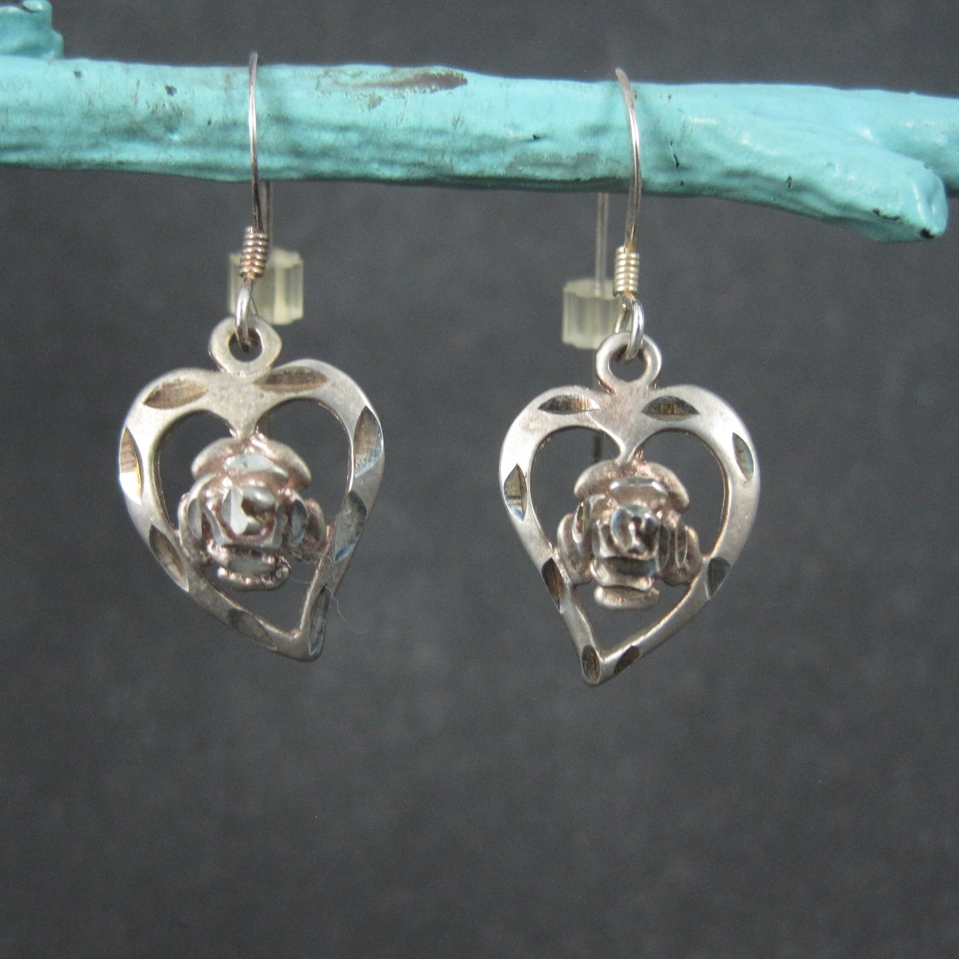 Vintage Sterling Heart Rose Earrings