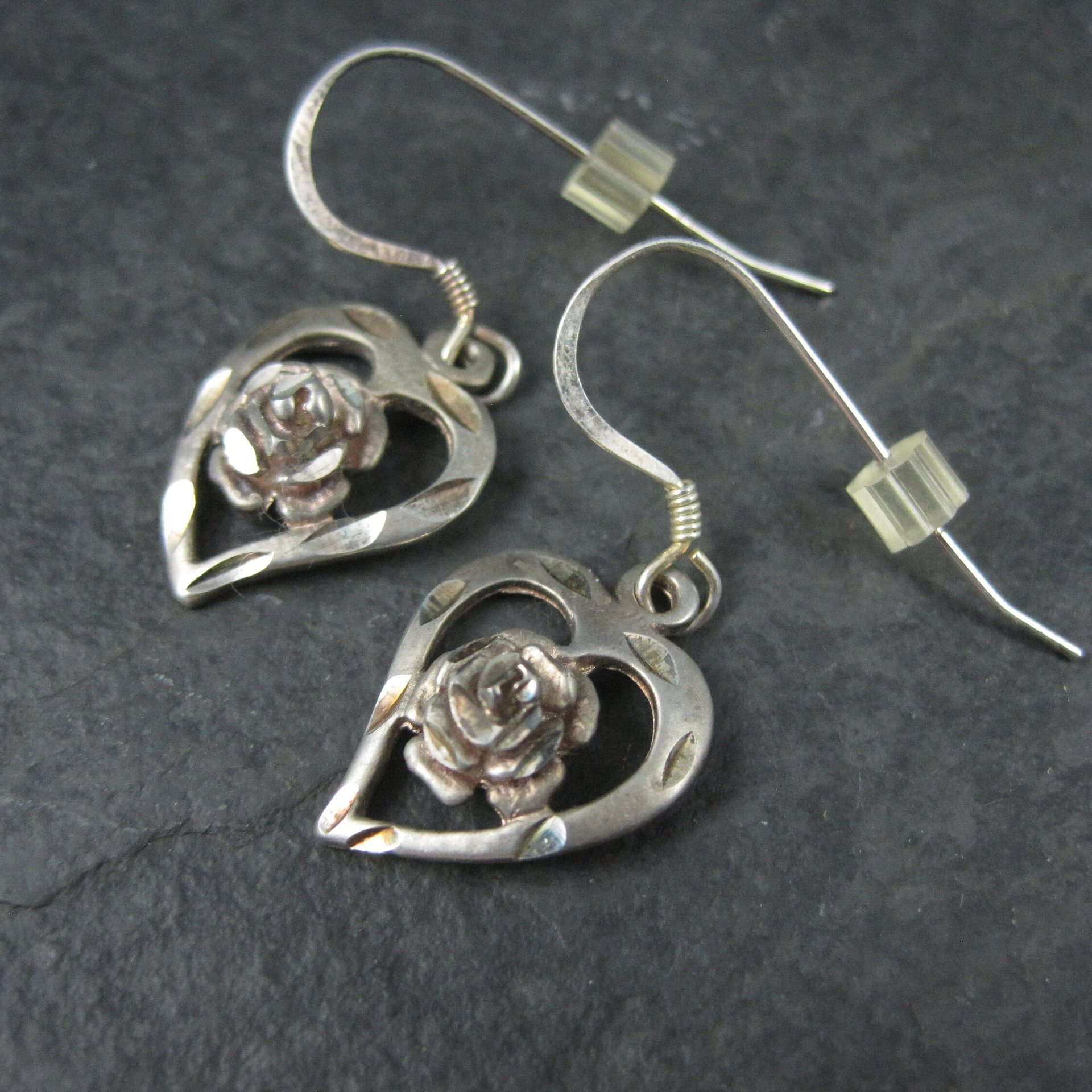 Vintage Sterling Heart Rose Earrings