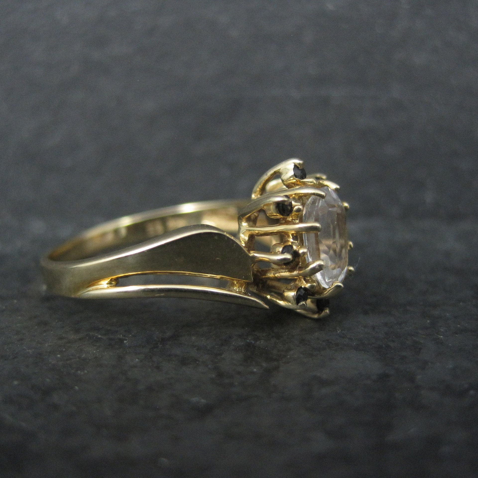 Estate 14K White Sapphire Black Spinel Ring Size 7
