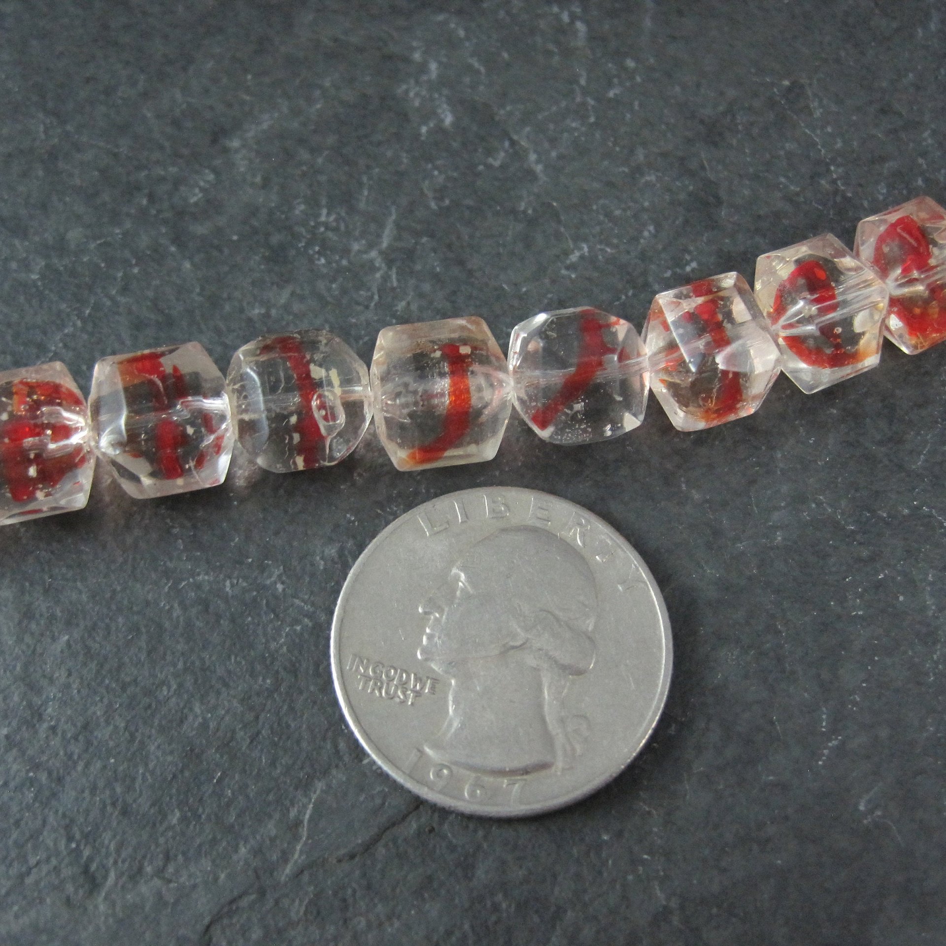 Red and Clear 10mm Cube Art Glass Beads Lot of 14