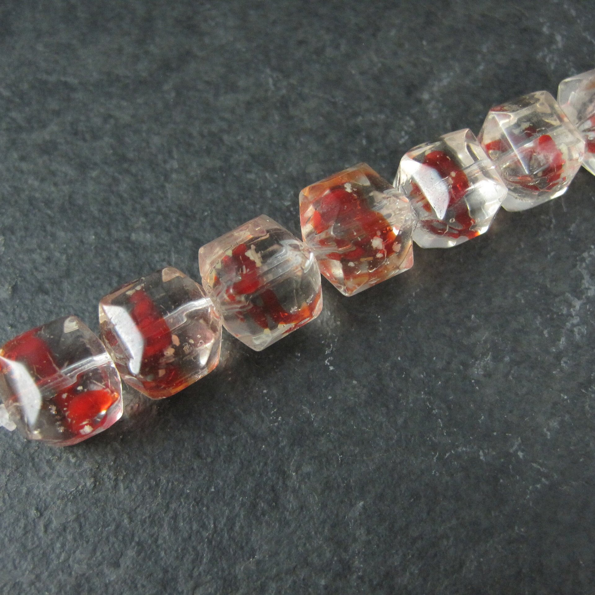 Red and Clear 10mm Cube Art Glass Beads Lot of 14