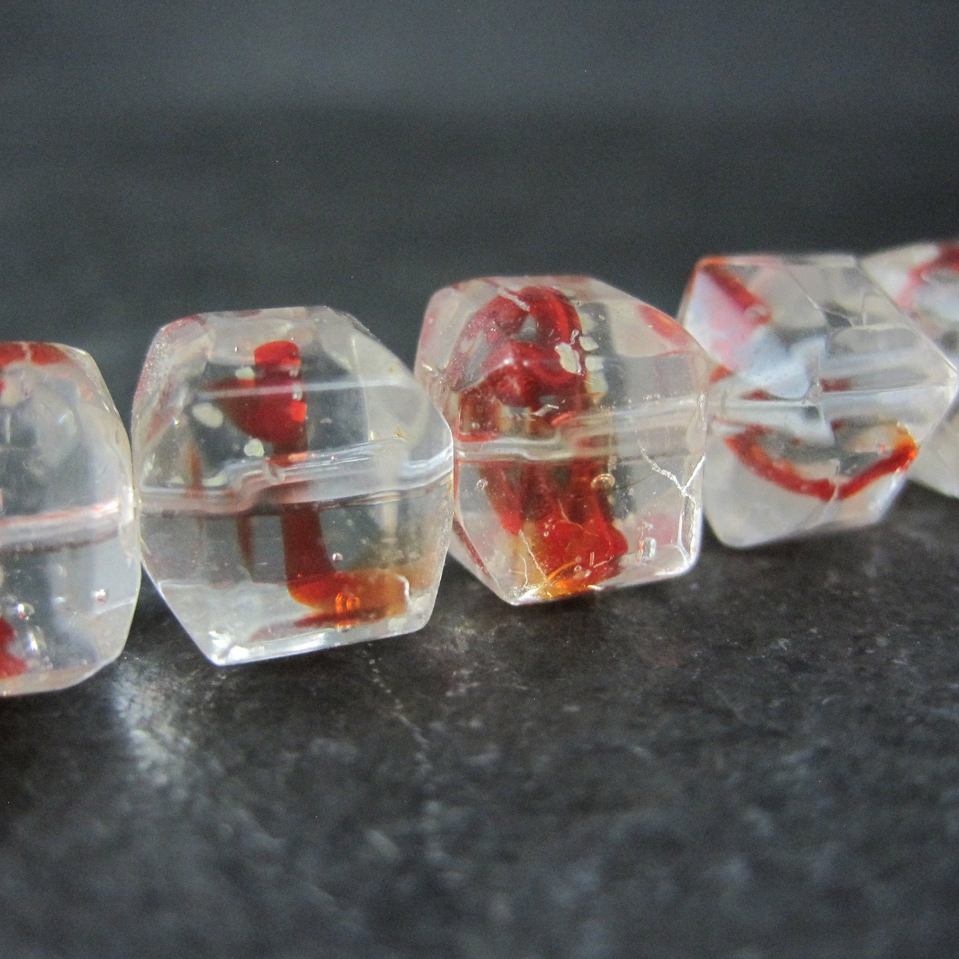 Red and Clear 10mm Cube Art Glass Beads Lot of 14