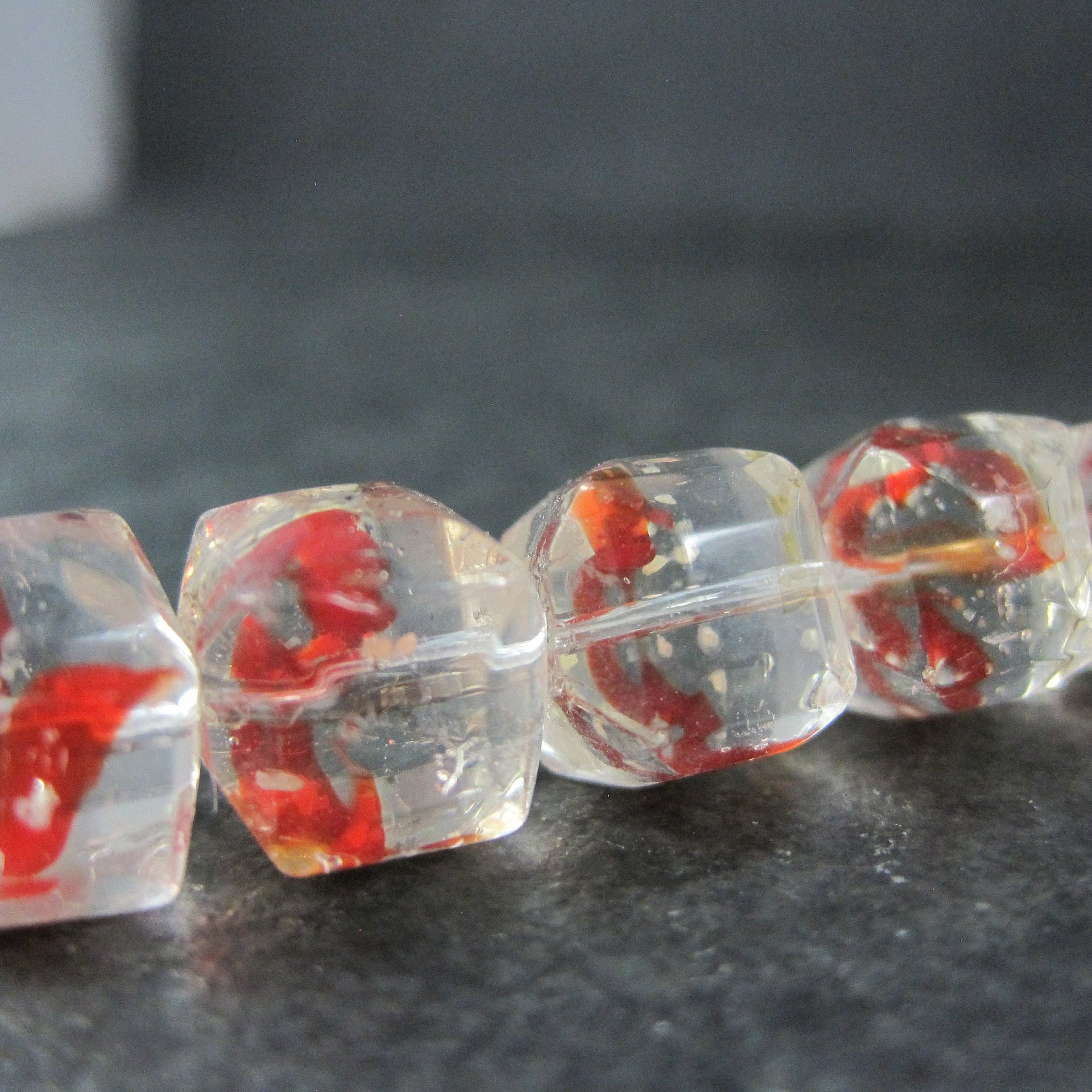 Red and Clear 10mm Cube Art Glass Beads Lot of 14