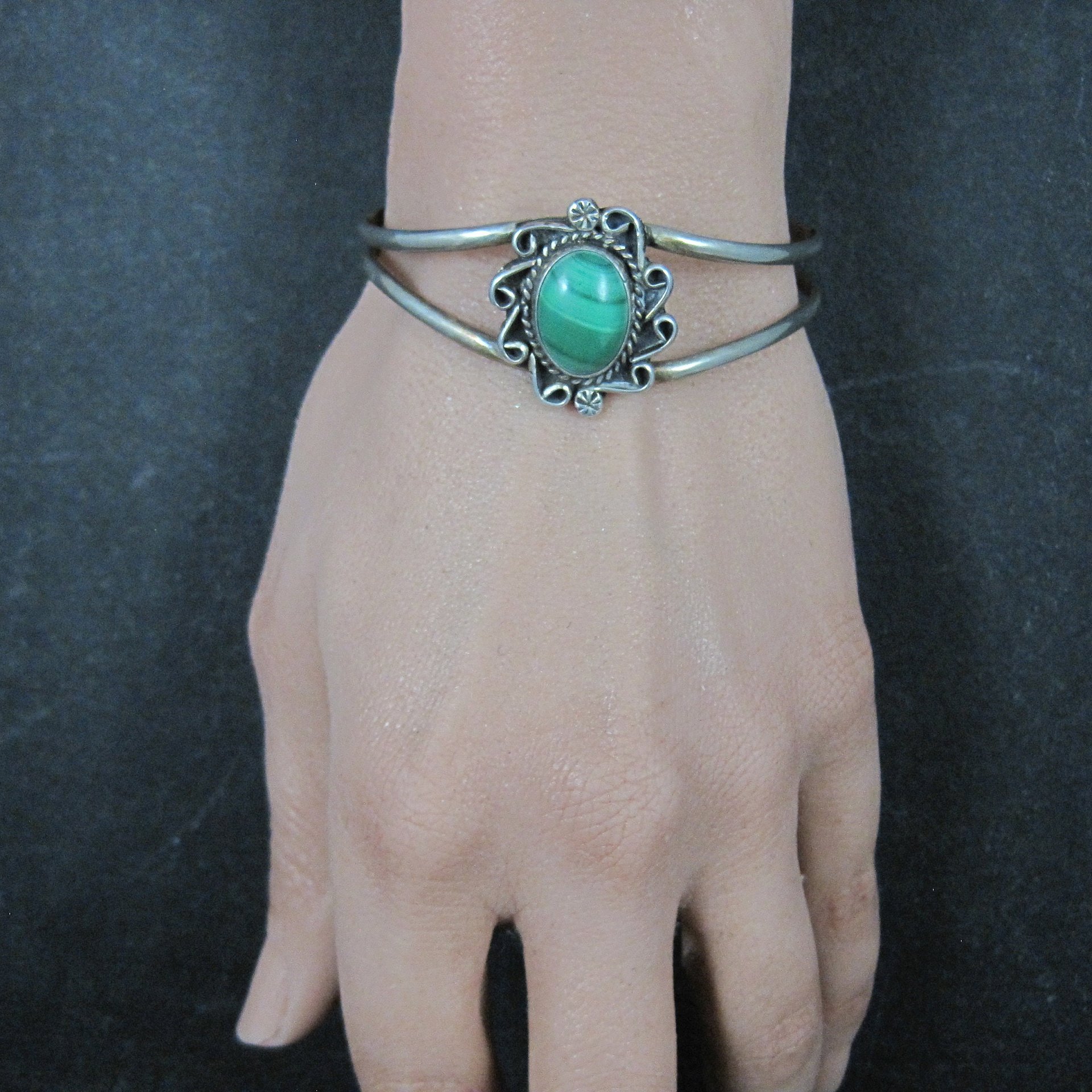 Vintage Sterling Malachite Cuff Bracelet Small 5.25 Inches Southwestern Estate Jewelry