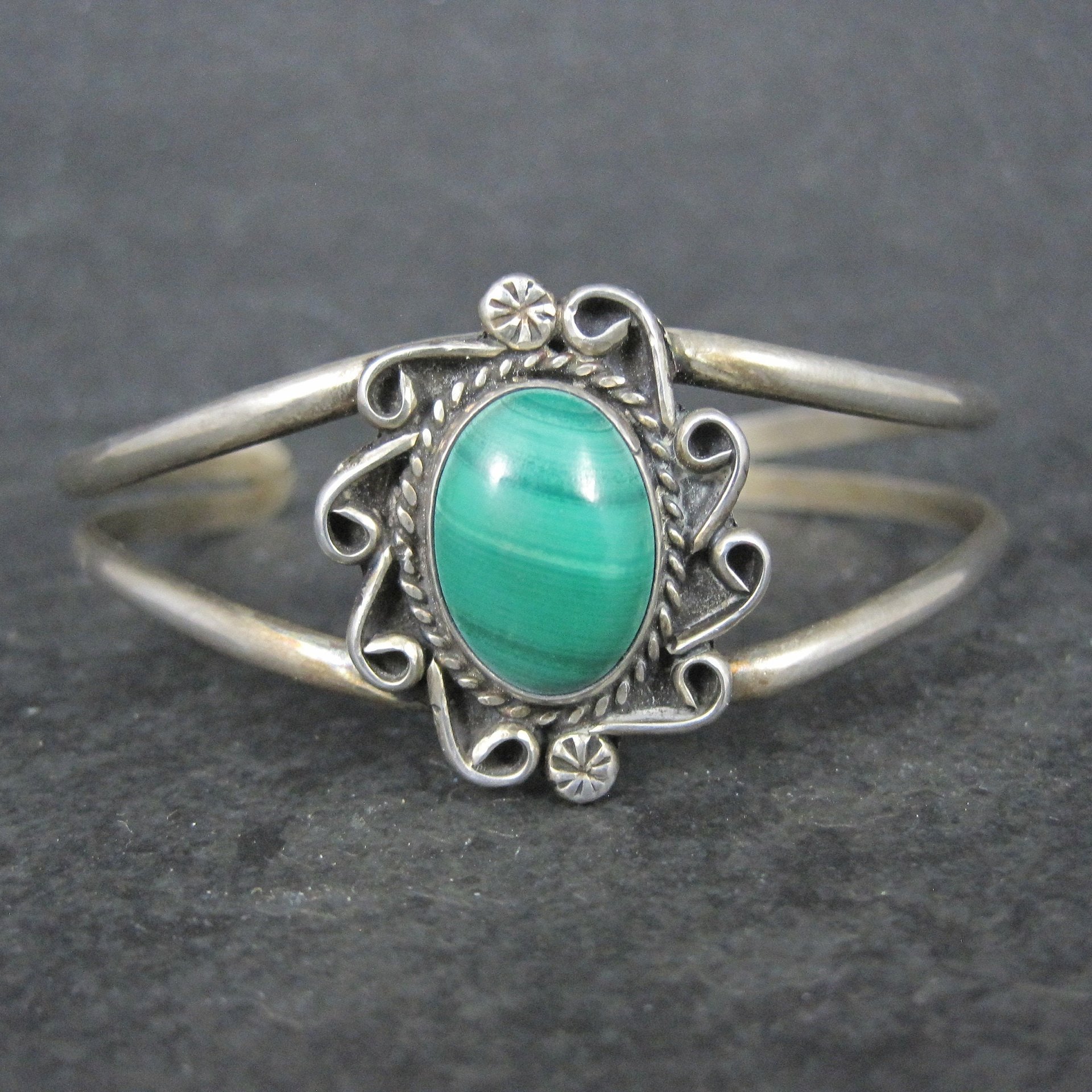 Vintage Sterling Malachite Cuff Bracelet Small 5.25 Inches Southwestern Estate Jewelry