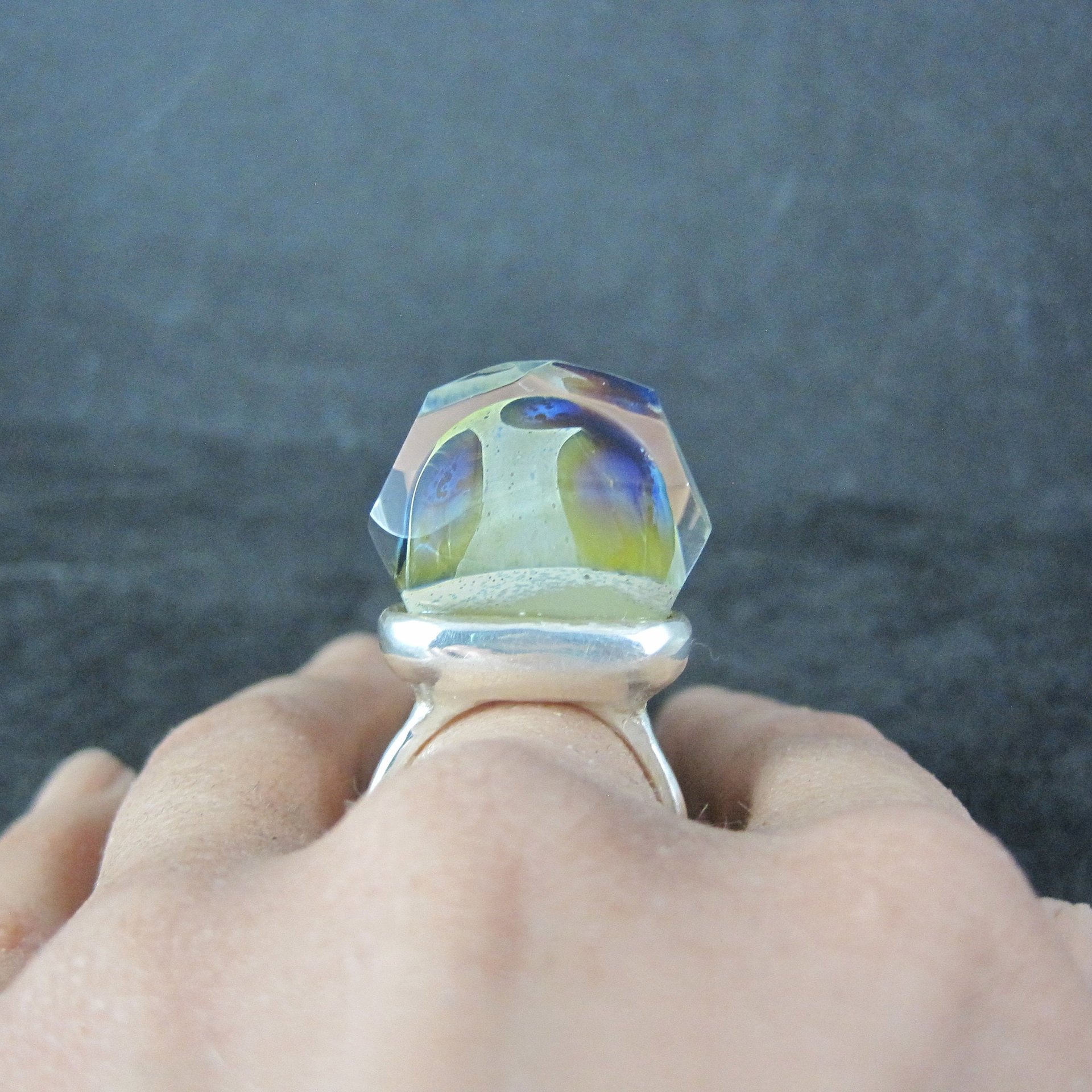 Unusual Sterling Art Glass Ring Size 8
