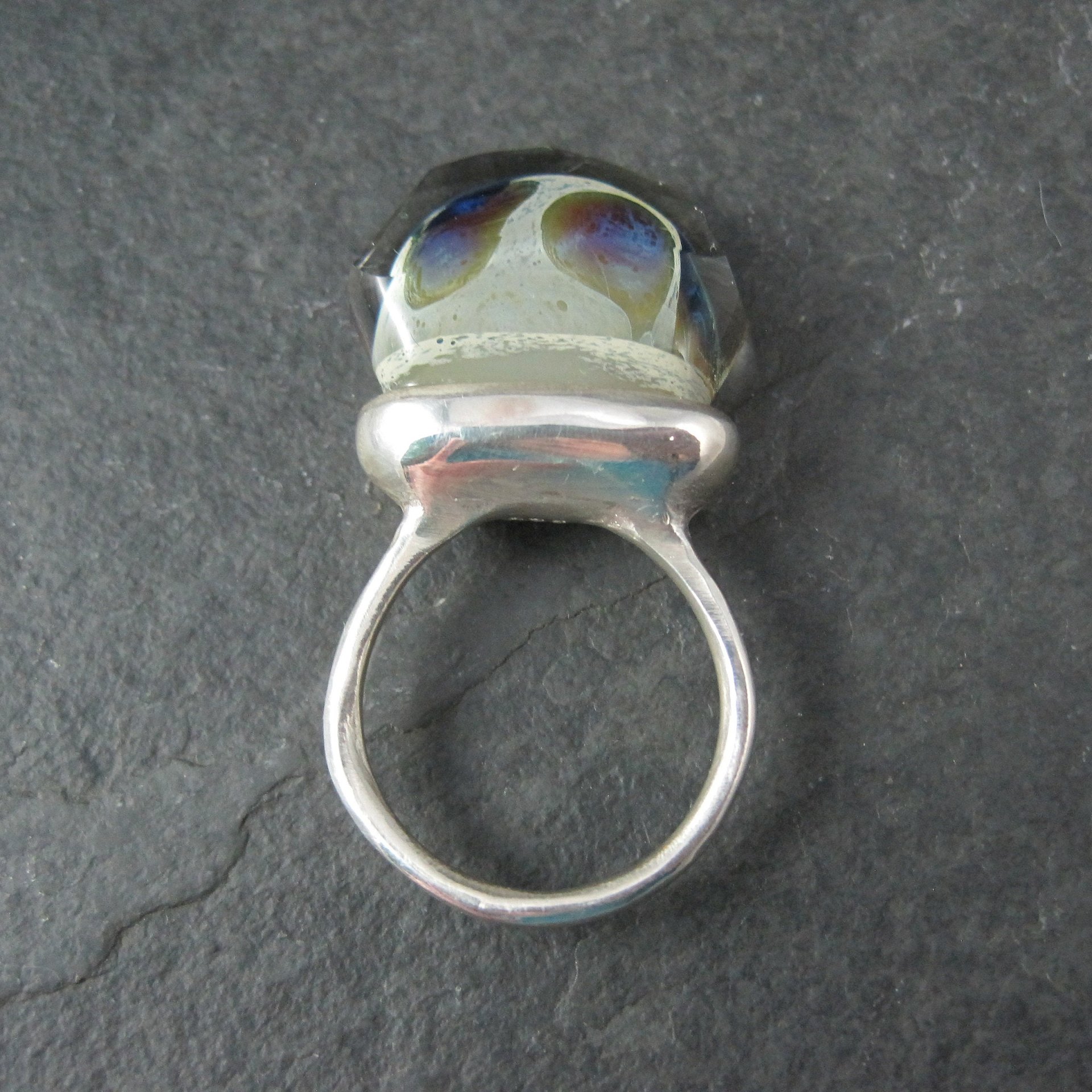 Unusual Sterling Art Glass Ring Size 8