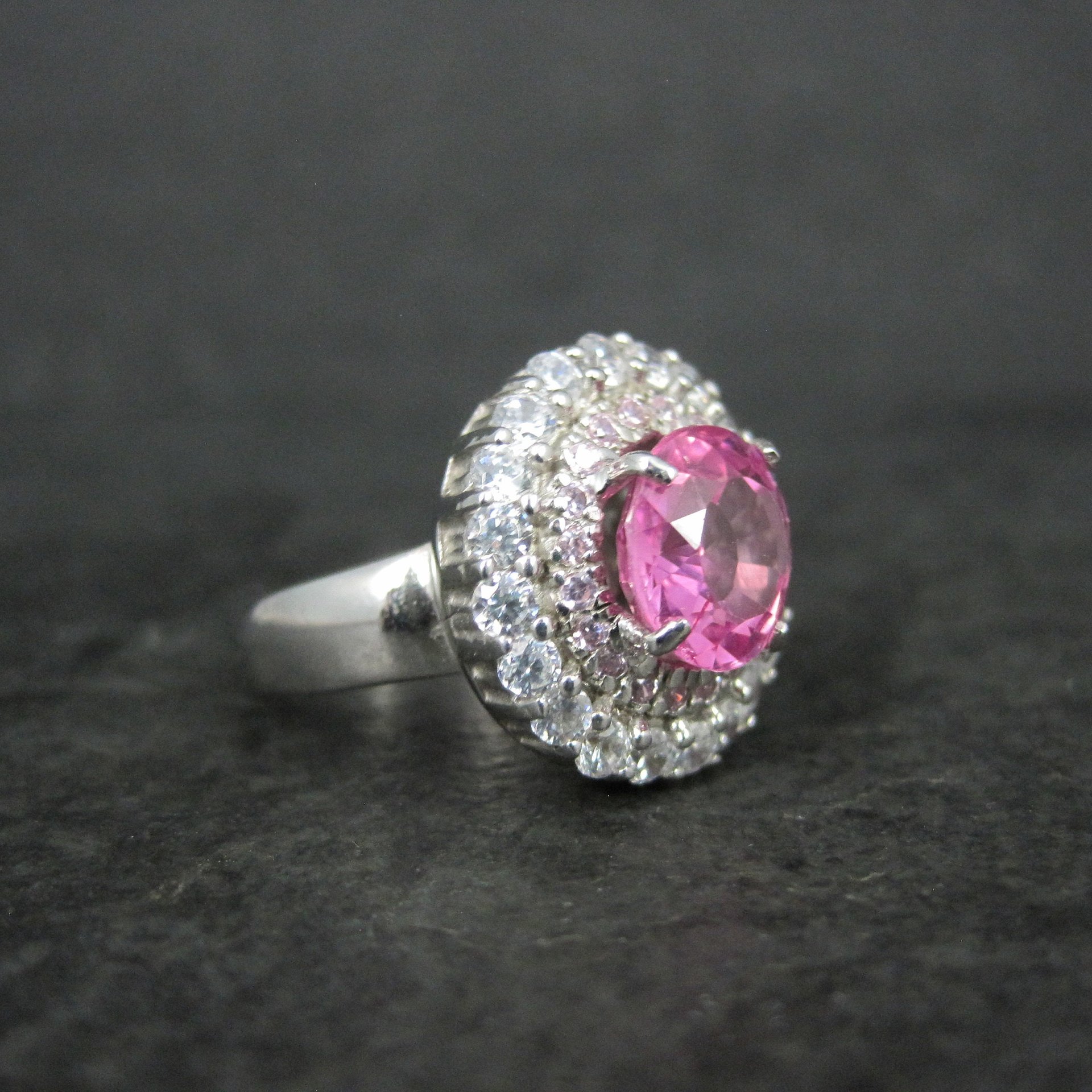 Sterling Pink Sapphire Halo Ring Estate Silver Size 6.5