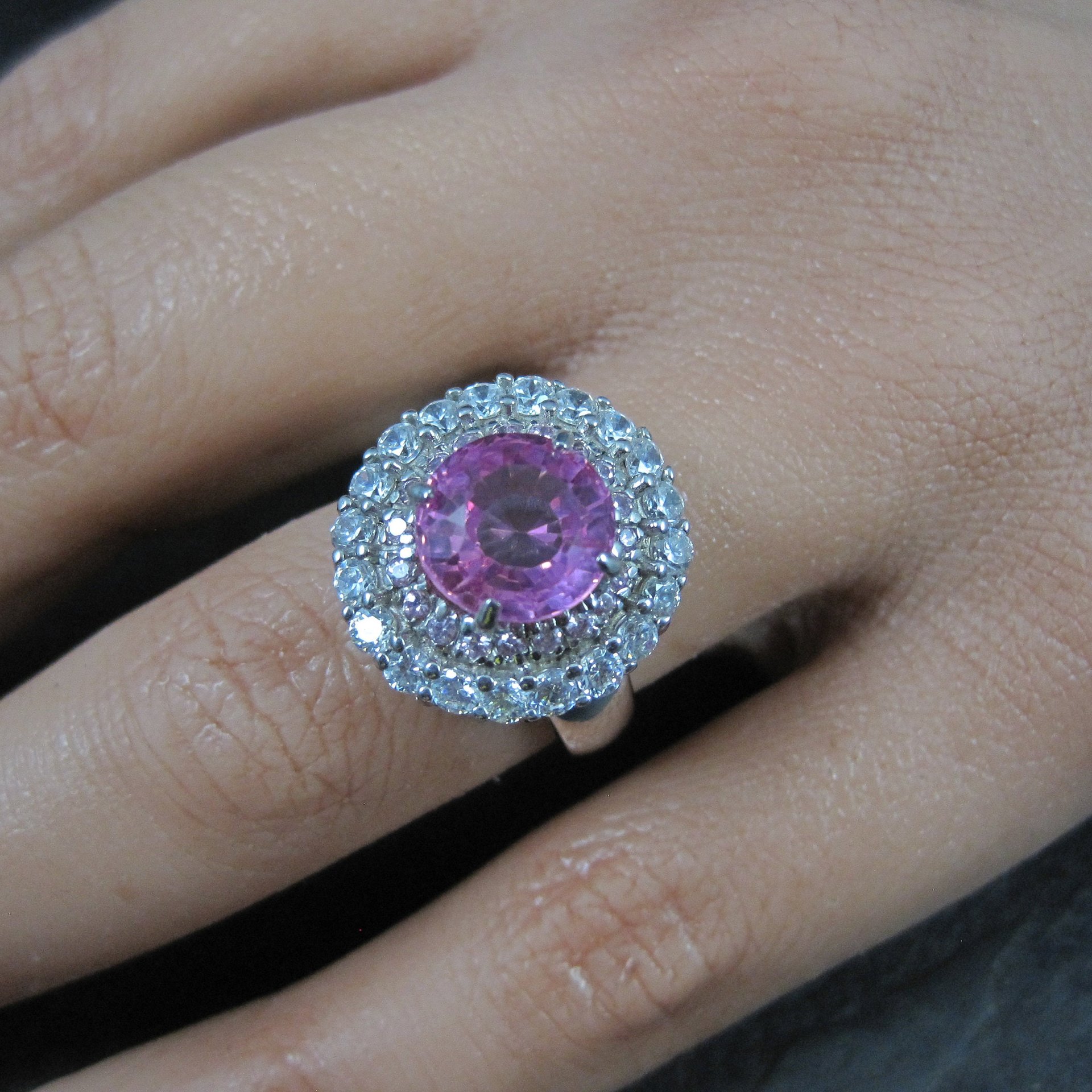 Sterling Pink Sapphire Halo Ring Estate Silver Size 6.5