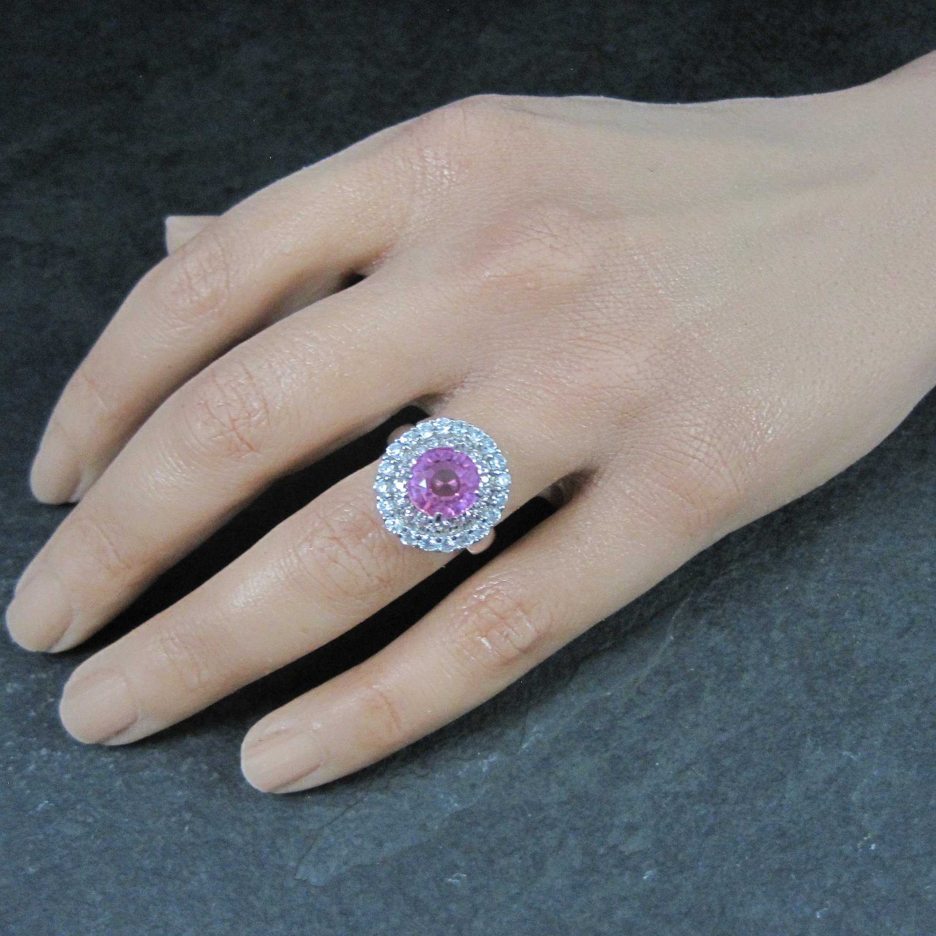 Sterling Pink Sapphire Halo Ring Estate Silver Size 6.5