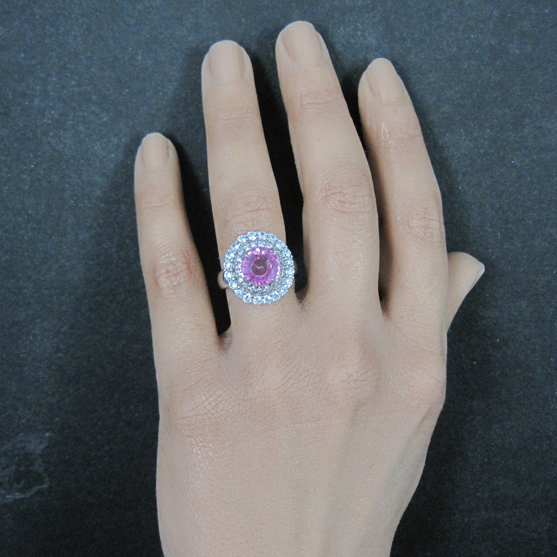 Sterling Pink Sapphire Halo Ring Estate Silver Size 6.5