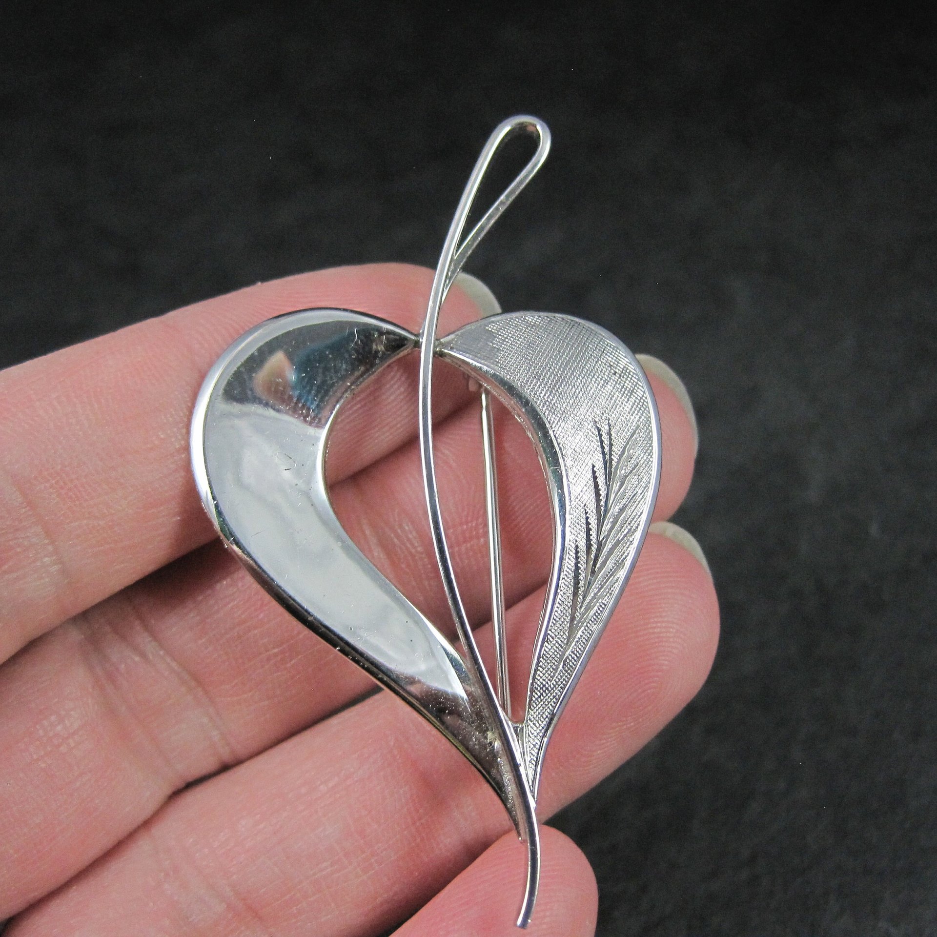 Etched Estate Sterling Leaf Brooch