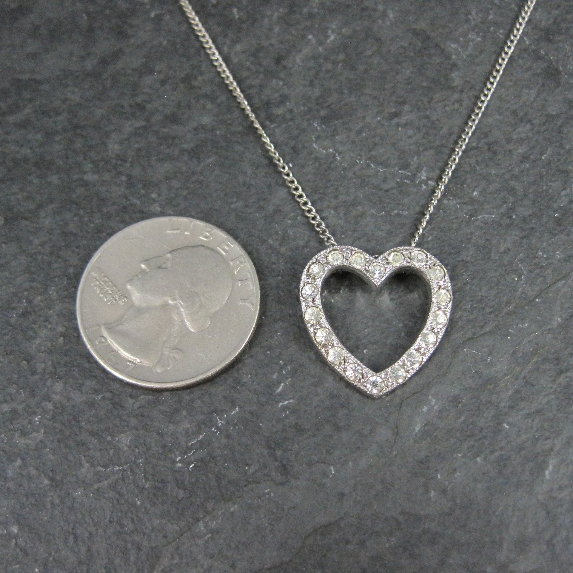 Vintage Sterling Rhinestone Heart Pendant Necklace 16"