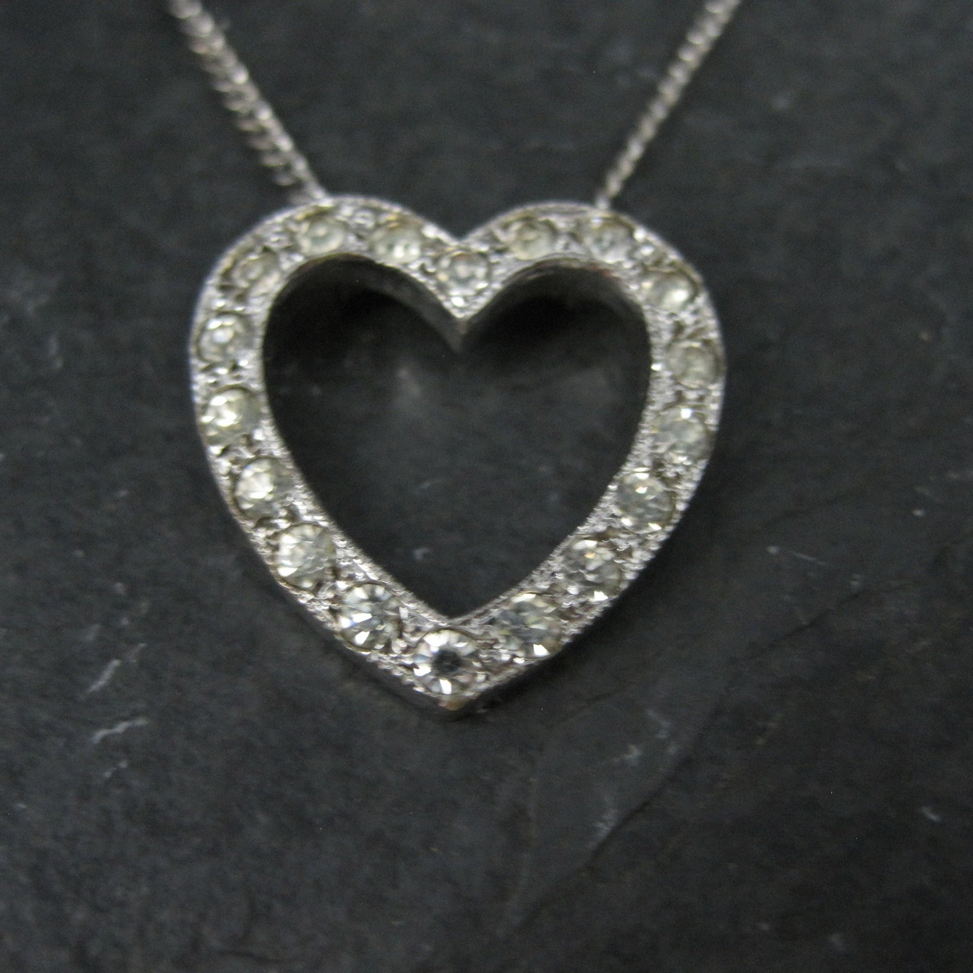 Vintage Sterling Rhinestone Heart Pendant Necklace 16"