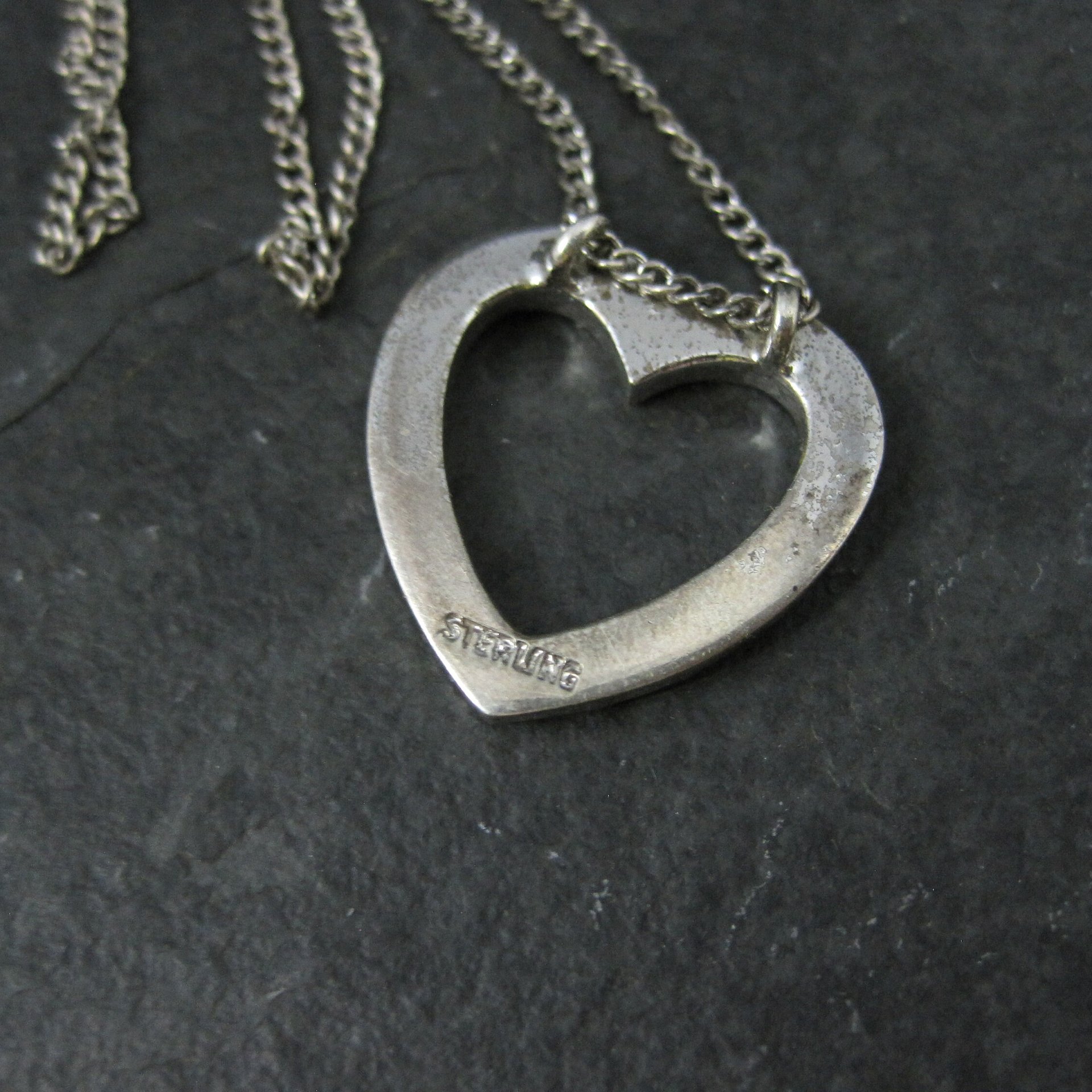 Vintage Sterling Rhinestone Heart Pendant Necklace 16"
