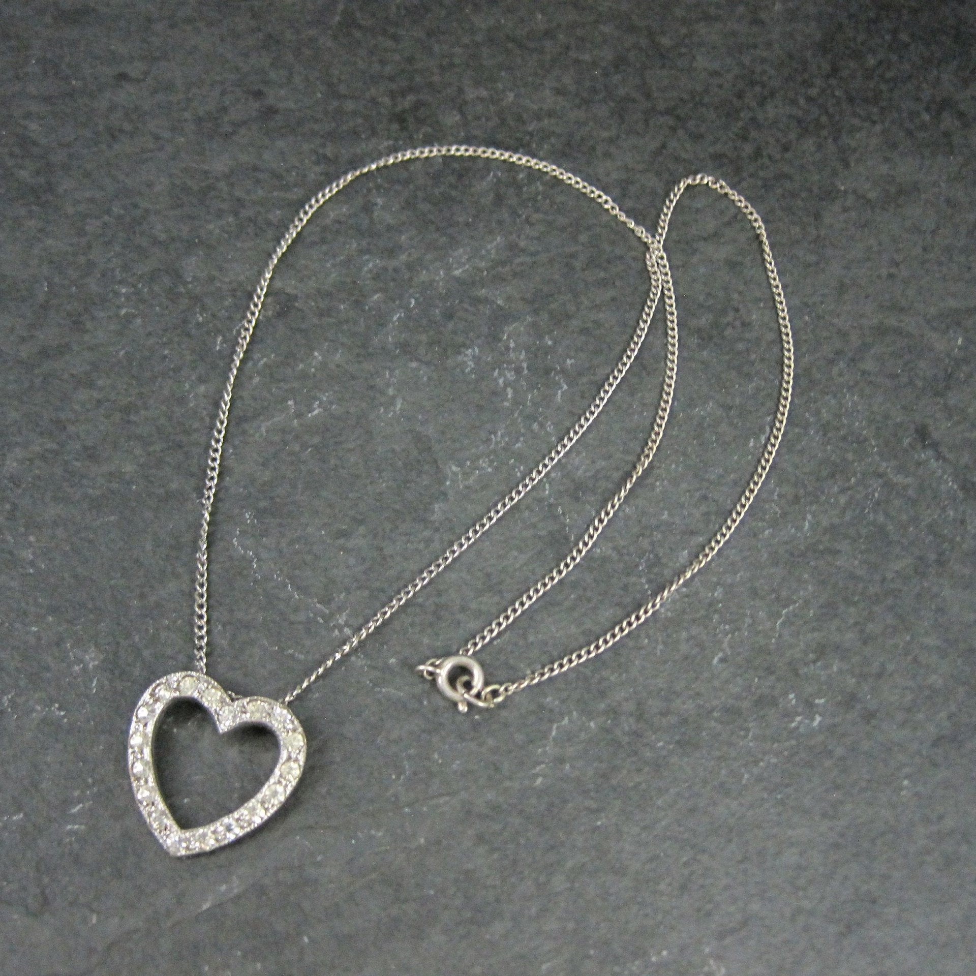 Vintage Sterling Rhinestone Heart Pendant Necklace 16"