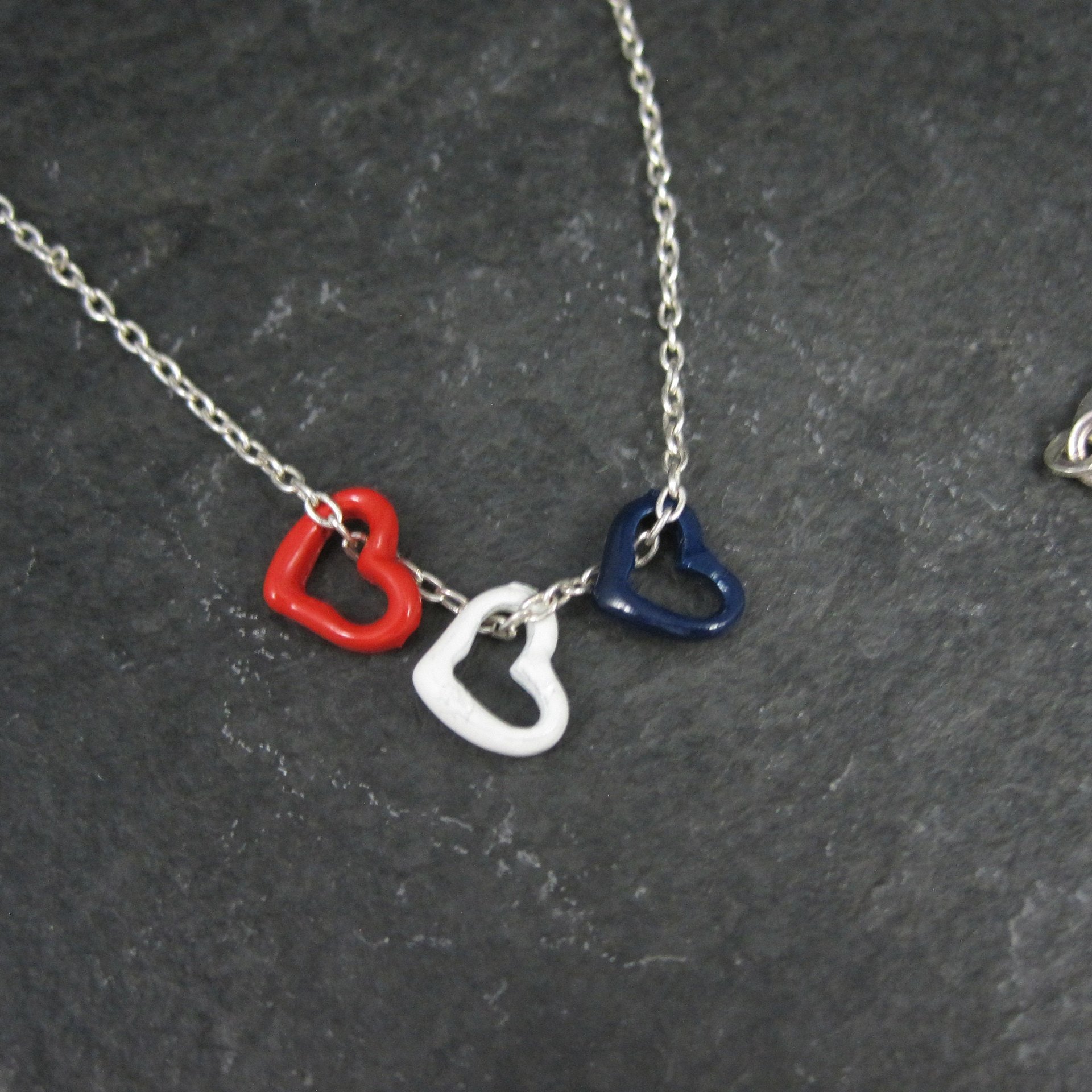 Vintage Red White & Blue Heart Necklace Enamel Sterling Silver