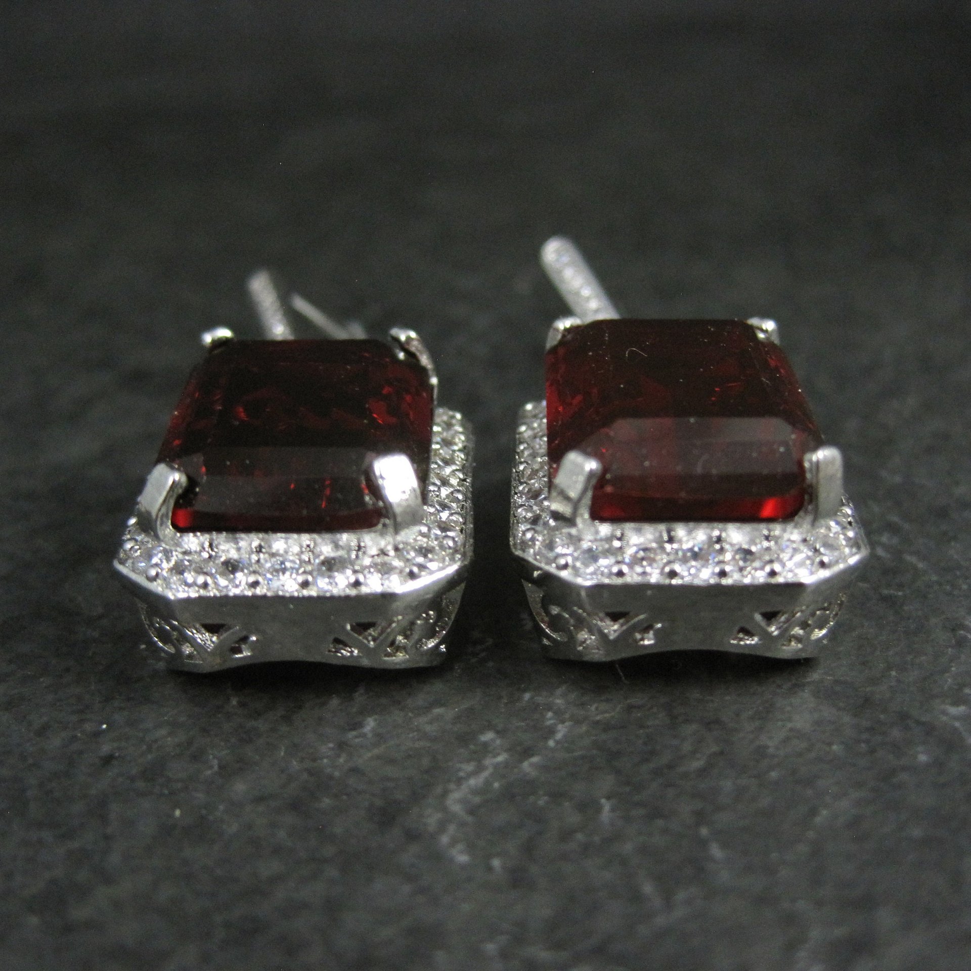 Large Estate Sterling Blood Red Cz Earrings Latch Backs