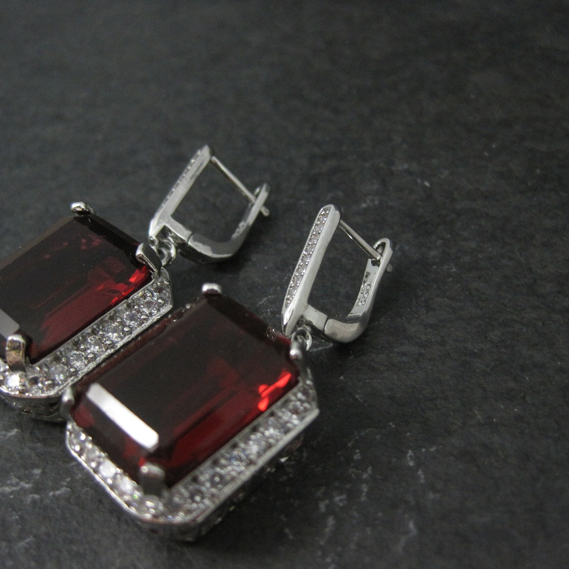 Large Estate Sterling Blood Red Cz Earrings Latch Backs