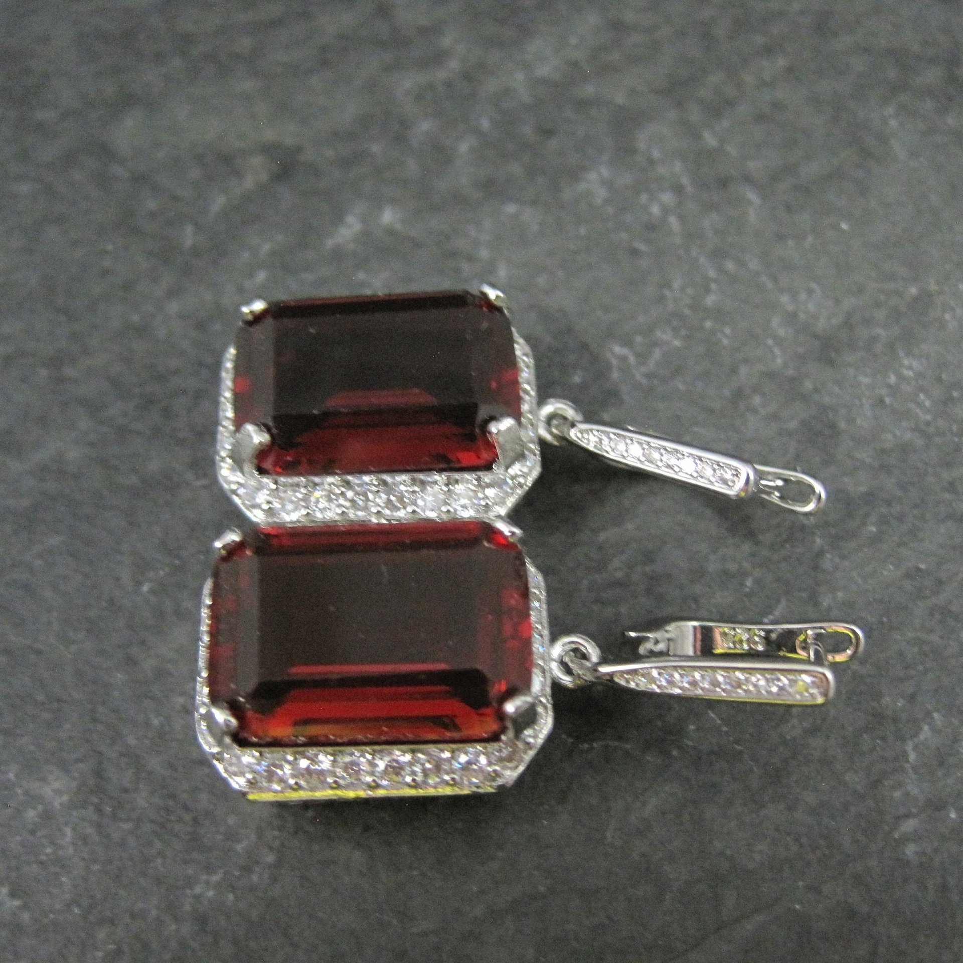 Large Estate Sterling Blood Red Cz Earrings Latch Backs