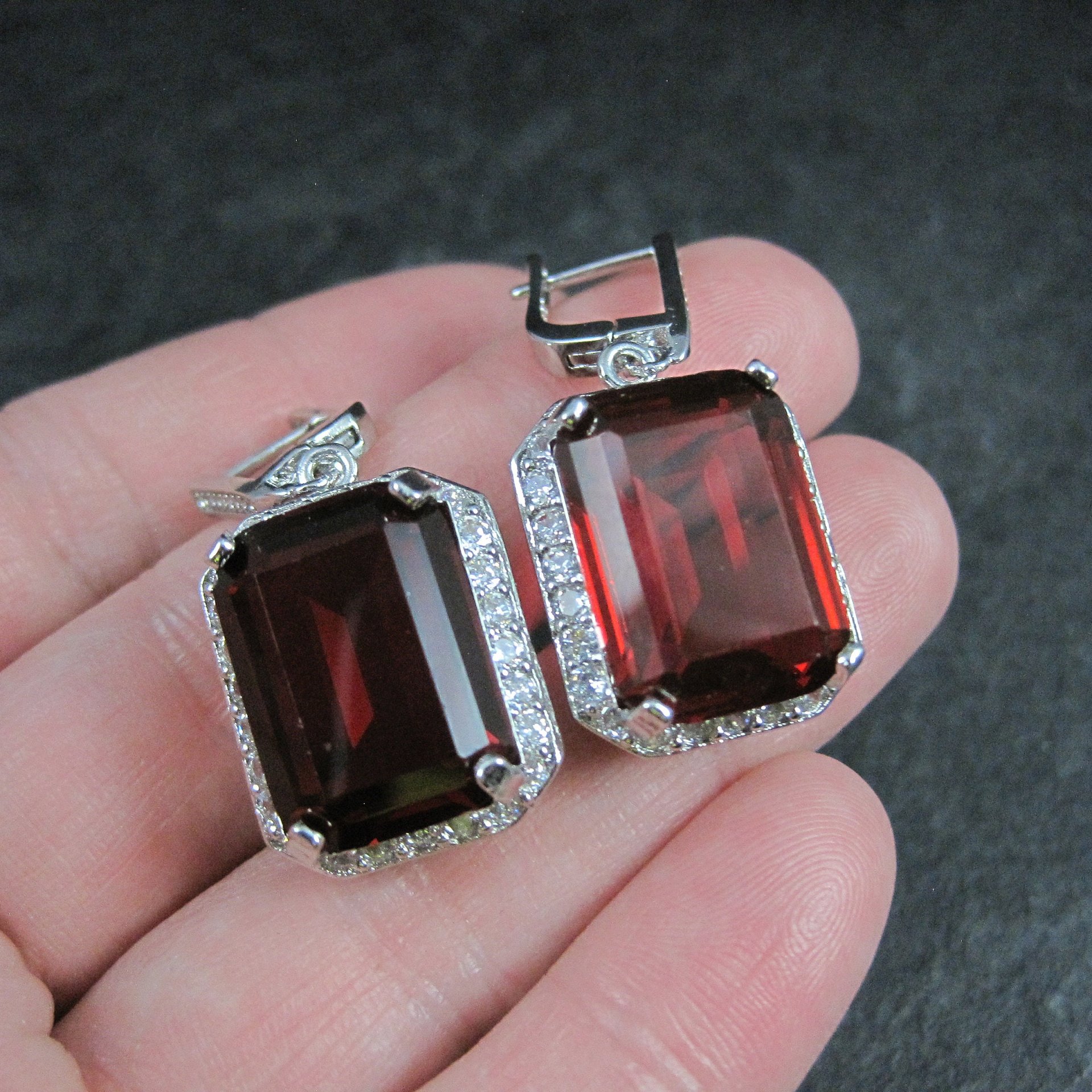 Large Estate Sterling Blood Red Cz Earrings Latch Backs
