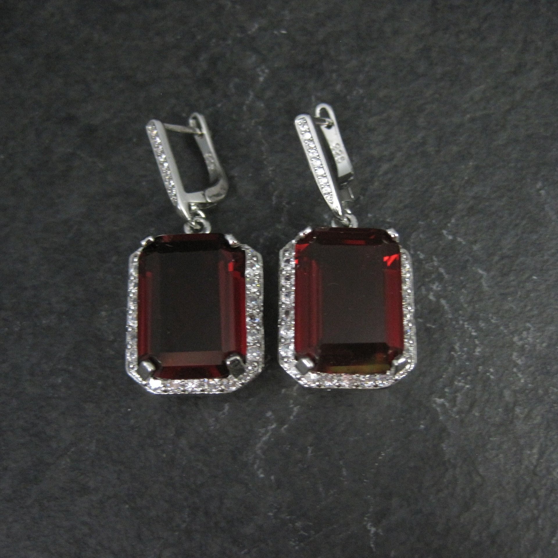 Large Estate Sterling Blood Red Cz Earrings Latch Backs