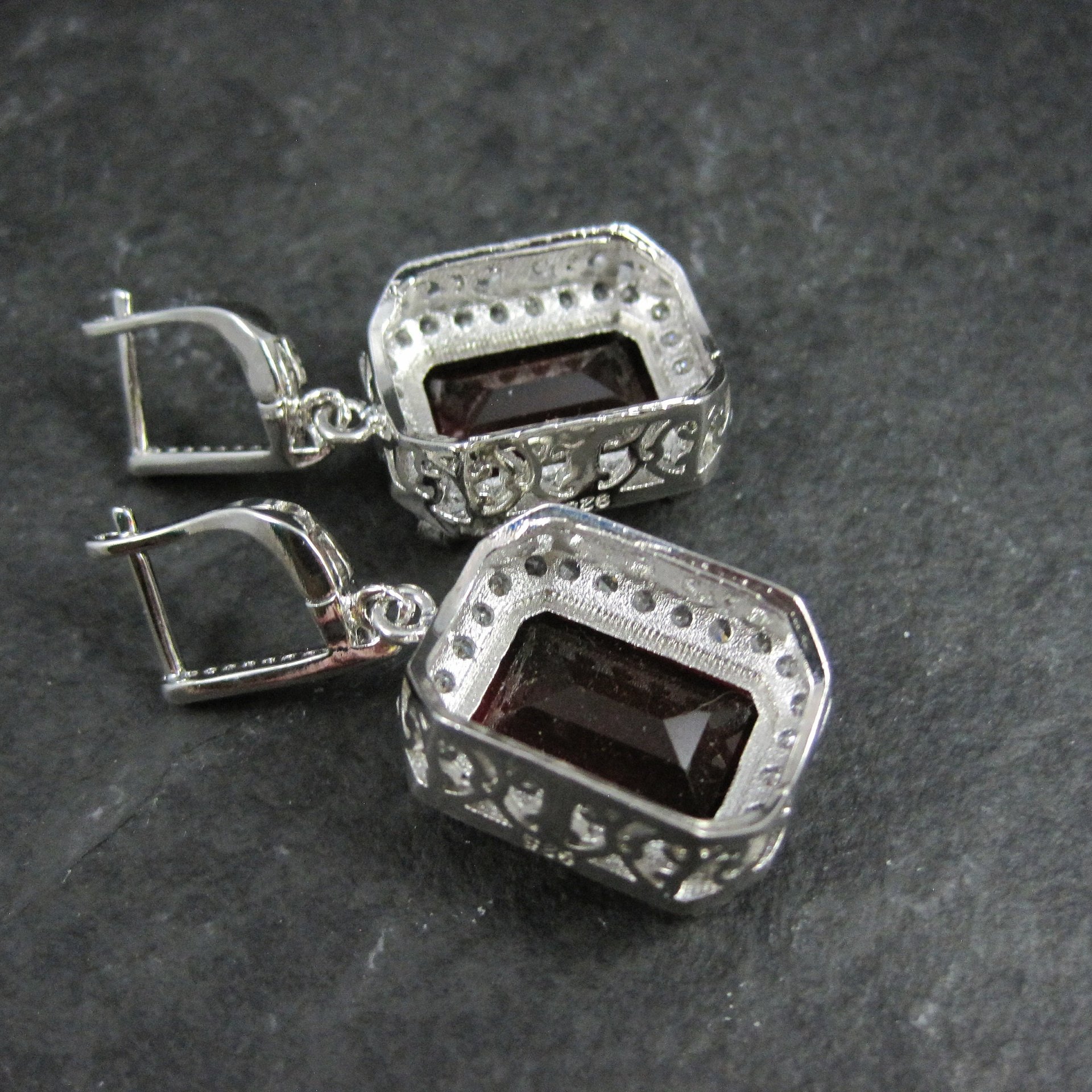 Large Estate Sterling Blood Red Cz Earrings Latch Backs