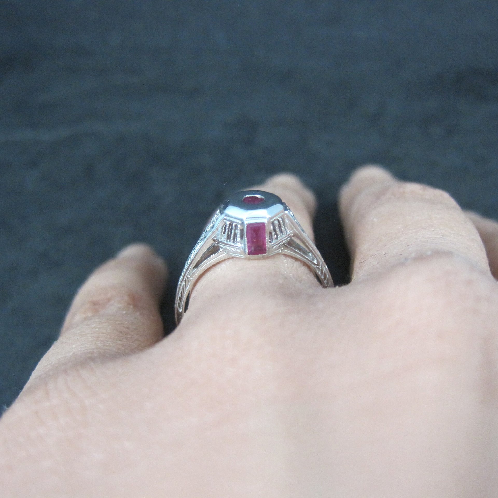 Antique Art Deco 9K Ruby Diamond Engagement Ring Size 6.5